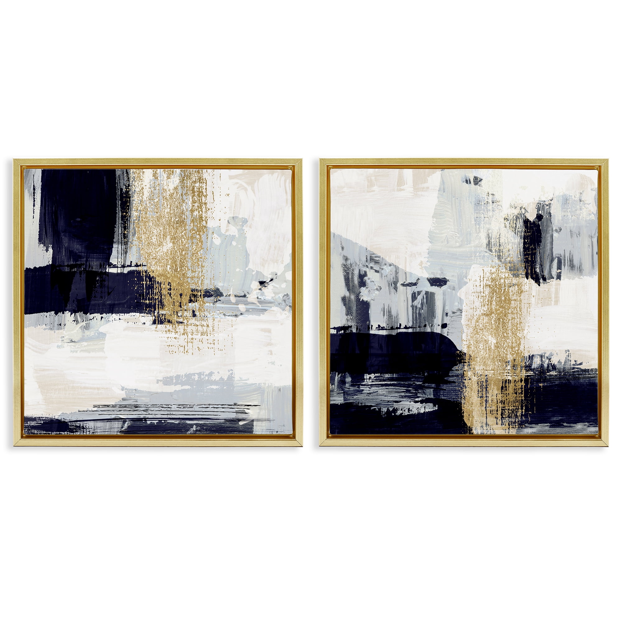 Stupell Industries Patchy Navy Gold Abstract Abstract Painting Gold Floater Framed Canvas Art Print Wall Art, 18 x 18, Set of 2