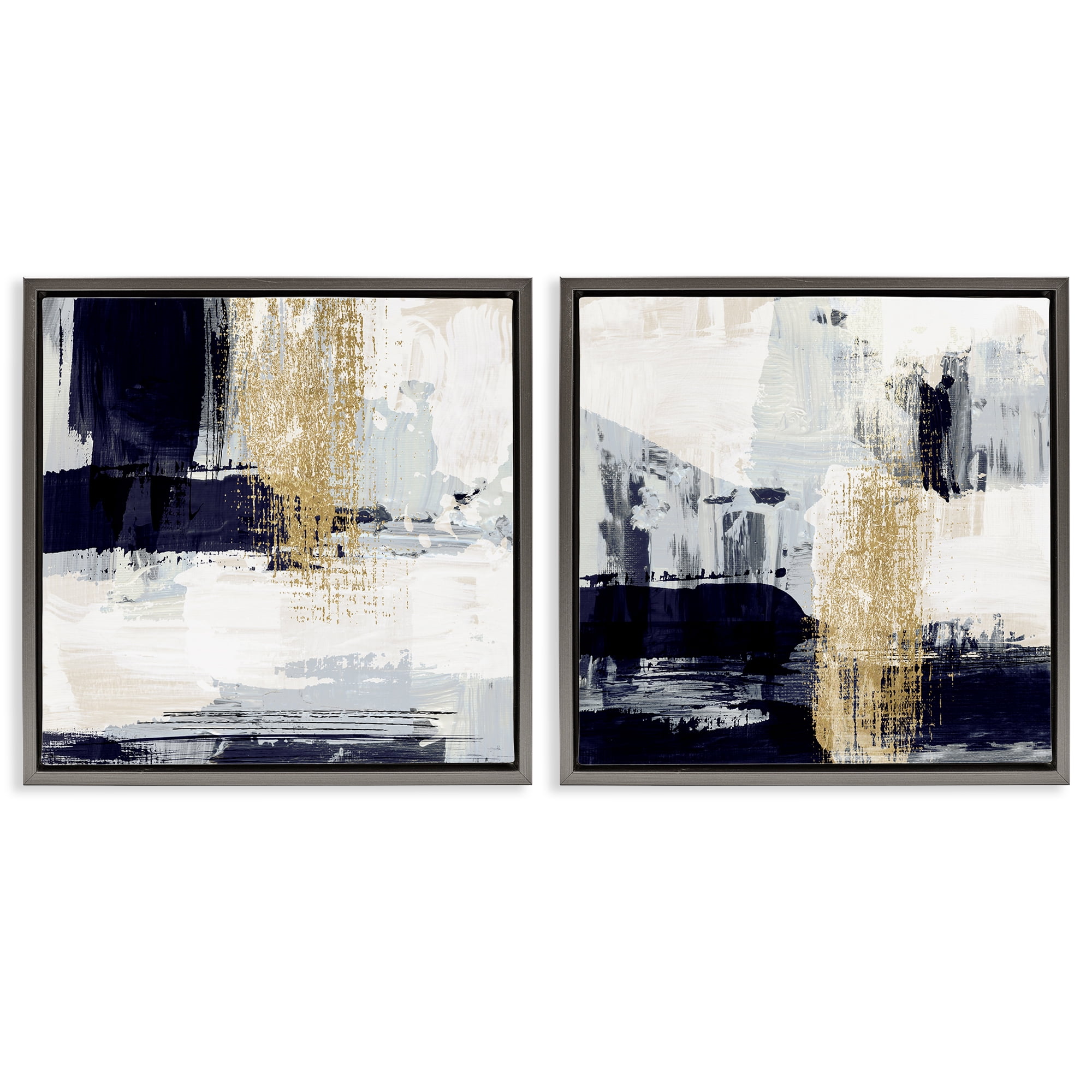 Stupell Industries Patchy Navy Gold Abstract Abstract Painting Gray Floater Framed Canvas Art Print Wall Art, 25 x 25, Set of 2