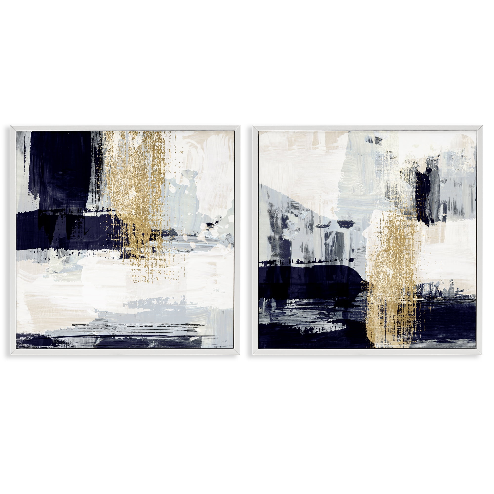 Stupell Industries Patchy Navy Gold Abstract Abstract Painting White Framed Art Print Wall Art, 24 x 24, Set of 2