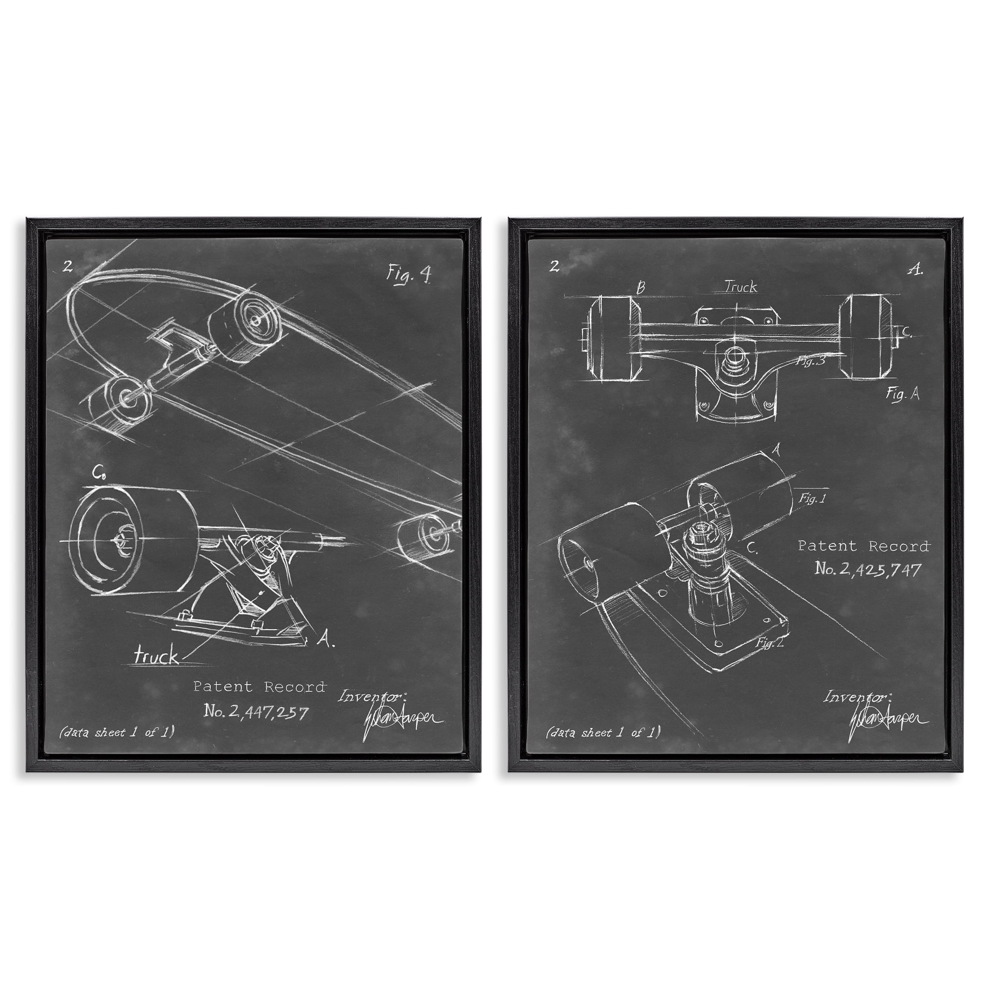 Stupell Industries Patent Diagram of Skateboard Sports Painting Black Floater Framed Canvas Art Print Wall Art, 31 x 25, Set of 2