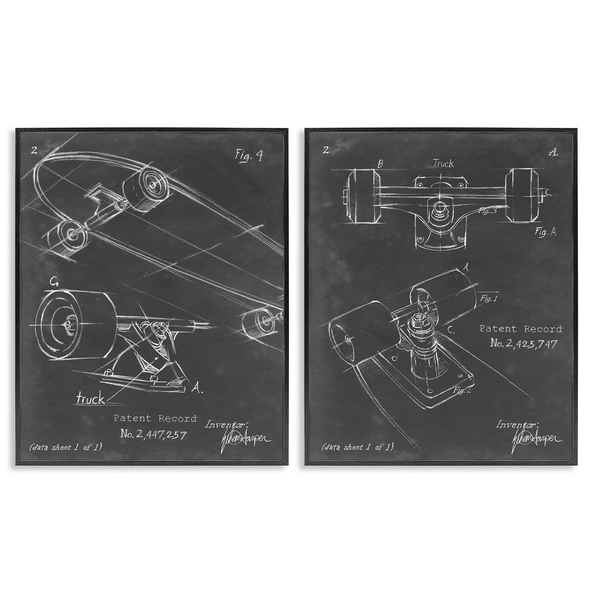 Stupell Industries Patent Diagram of Skateboard Sports Painting Black Framed Art Print Wall Art, 16 x 20, Set of 2