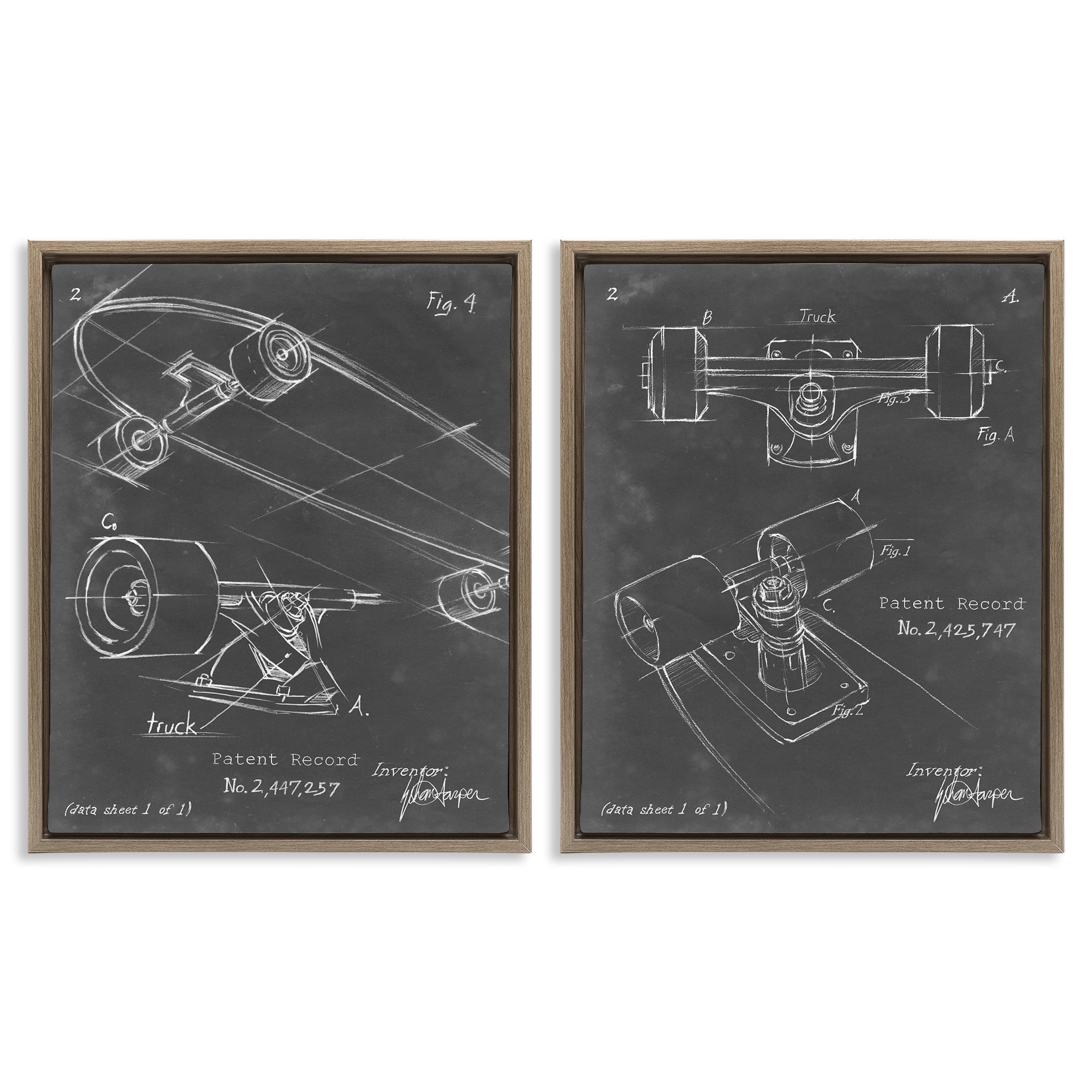 Stupell Industries Patent Diagram of Skateboard Sports Painting Brown Floater Framed Canvas Art Print Wall Art, 31 x 25, Set of 2