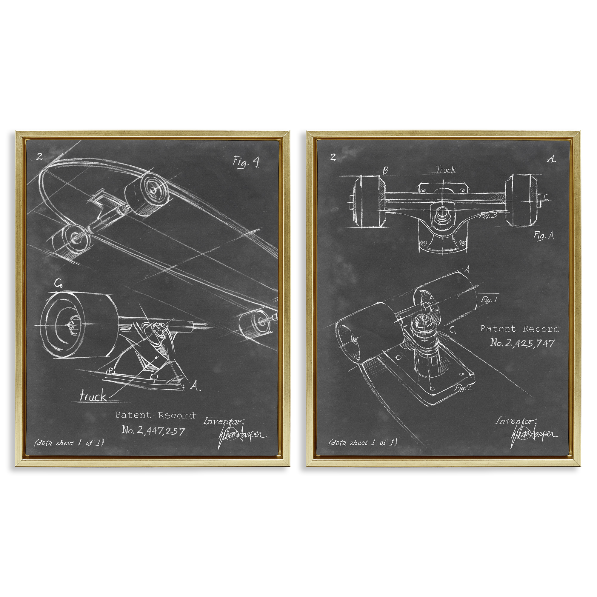 Stupell Industries Patent Diagram of Skateboard Sports Painting Gold Floater Framed Canvas Art Print Wall Art, 17 x 21, Set of 2