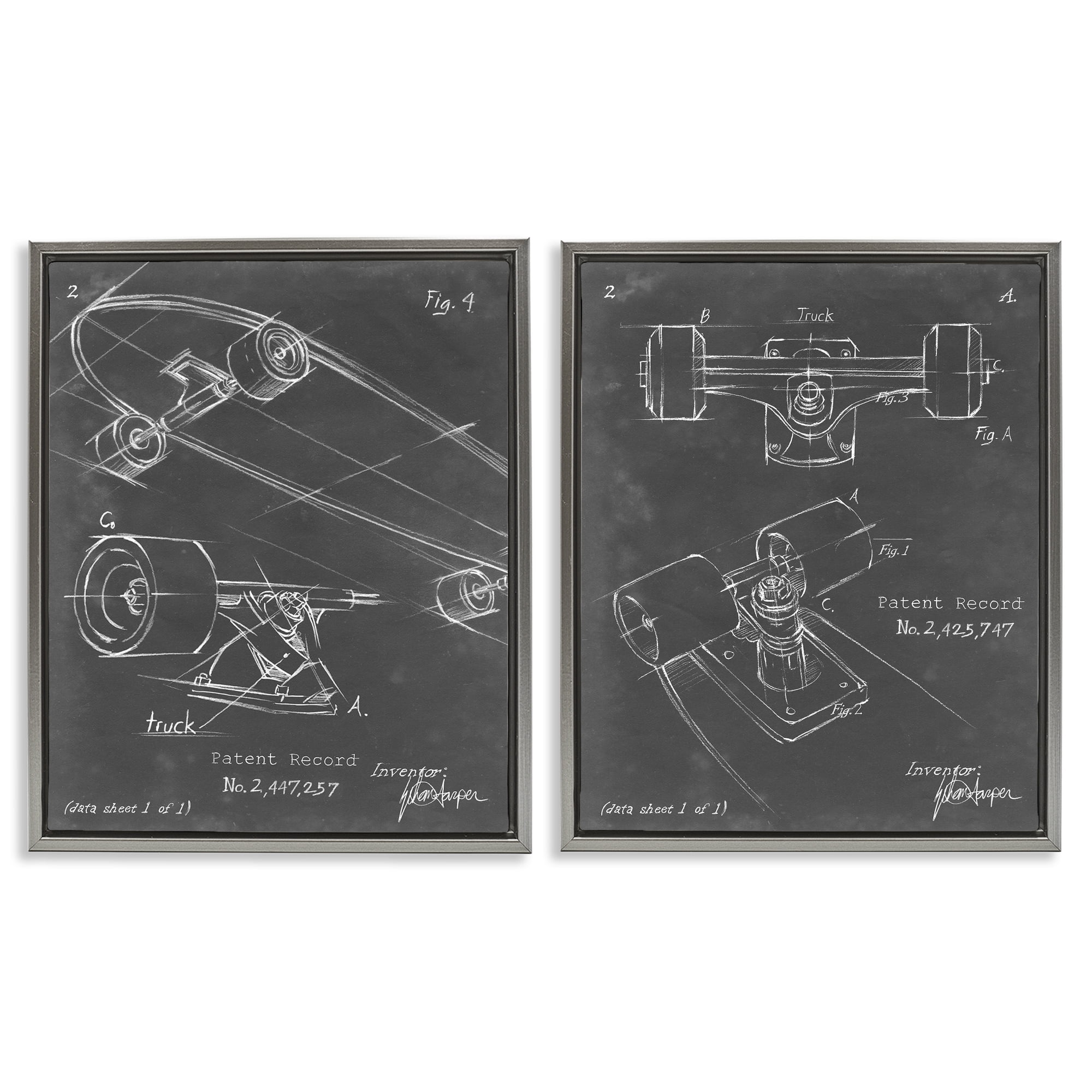 Stupell Industries Patent Diagram of Skateboard Sports Painting Gray Floater Framed Canvas Art Print Wall Art, 17 x 21, Set of 2