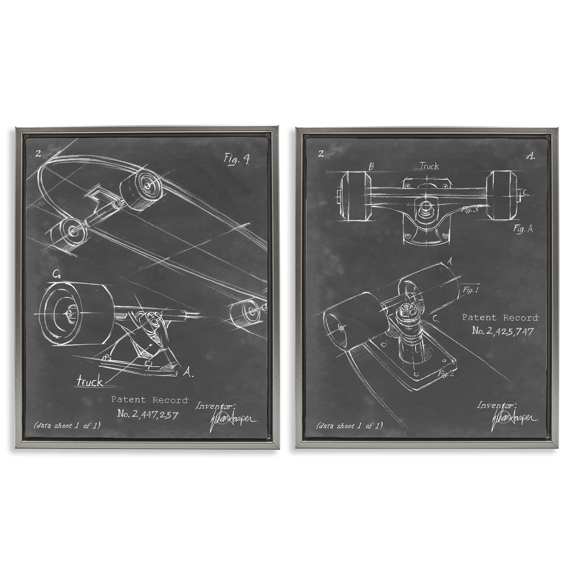 Stupell Industries Patent Diagram of Skateboard Sports Painting Gray Floater Framed Canvas Art Print Wall Art, 31 x 25, Set of 2