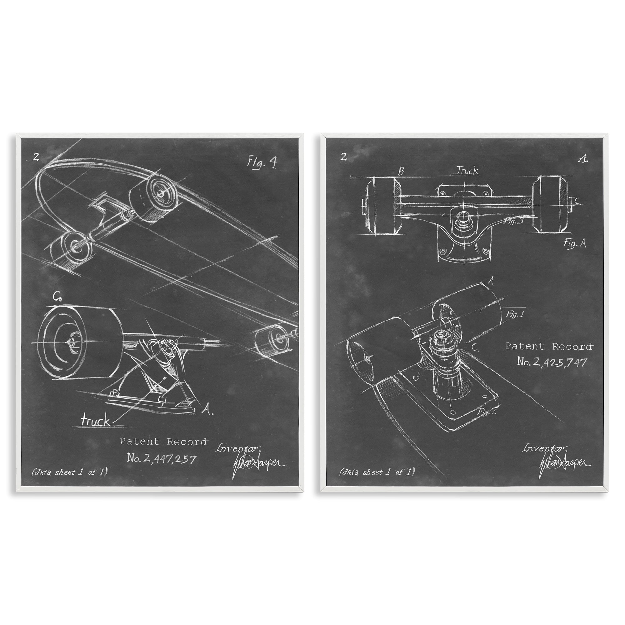 Stupell Industries Patent Diagram of Skateboard Sports Painting White Framed Art Print Wall Art, 16 x 20, Set of 2
