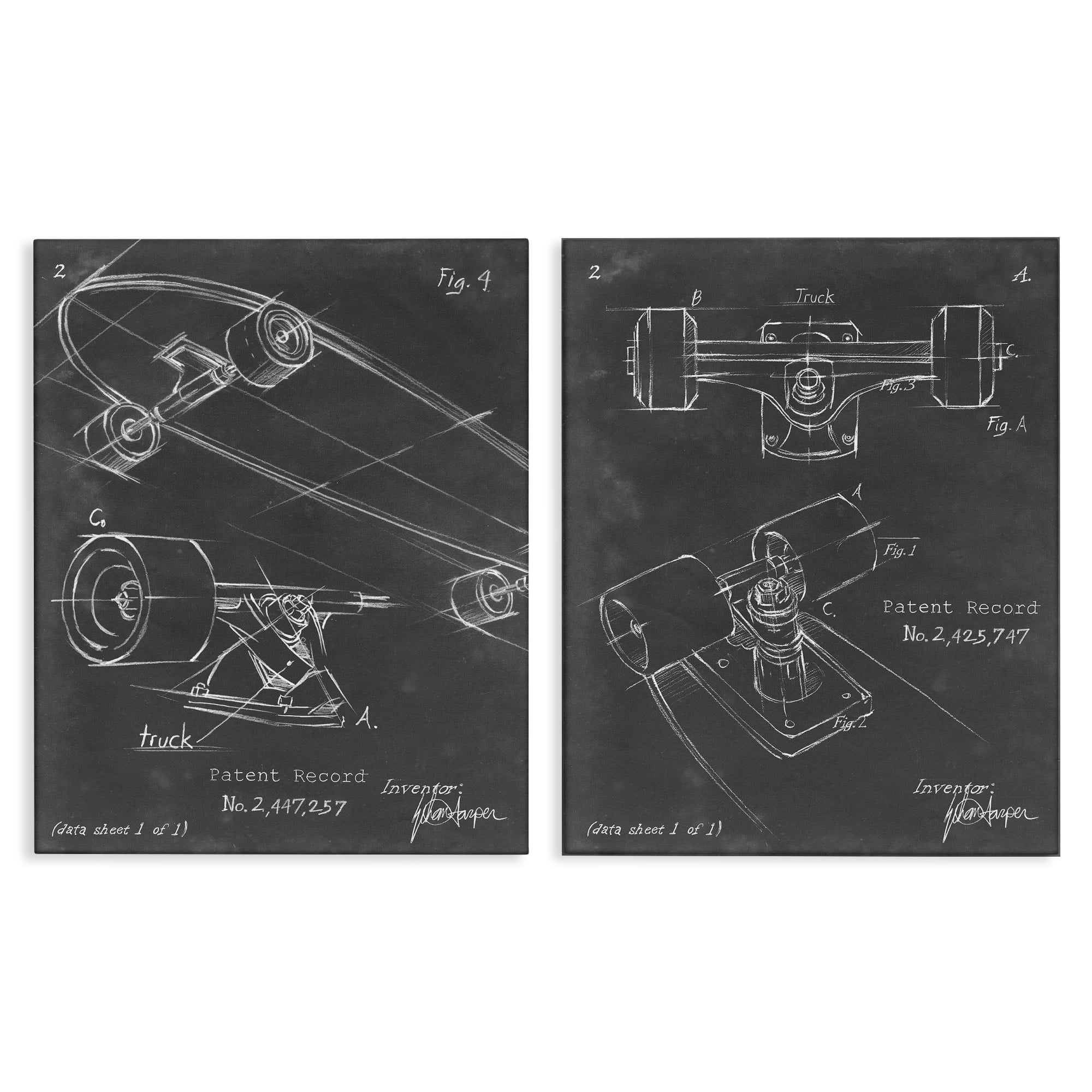 Stupell Industries Patent Diagram of Skateboard Sports Painting Wrapped Canvas Art Print Wall Art, 24 x 30, Set of 2
