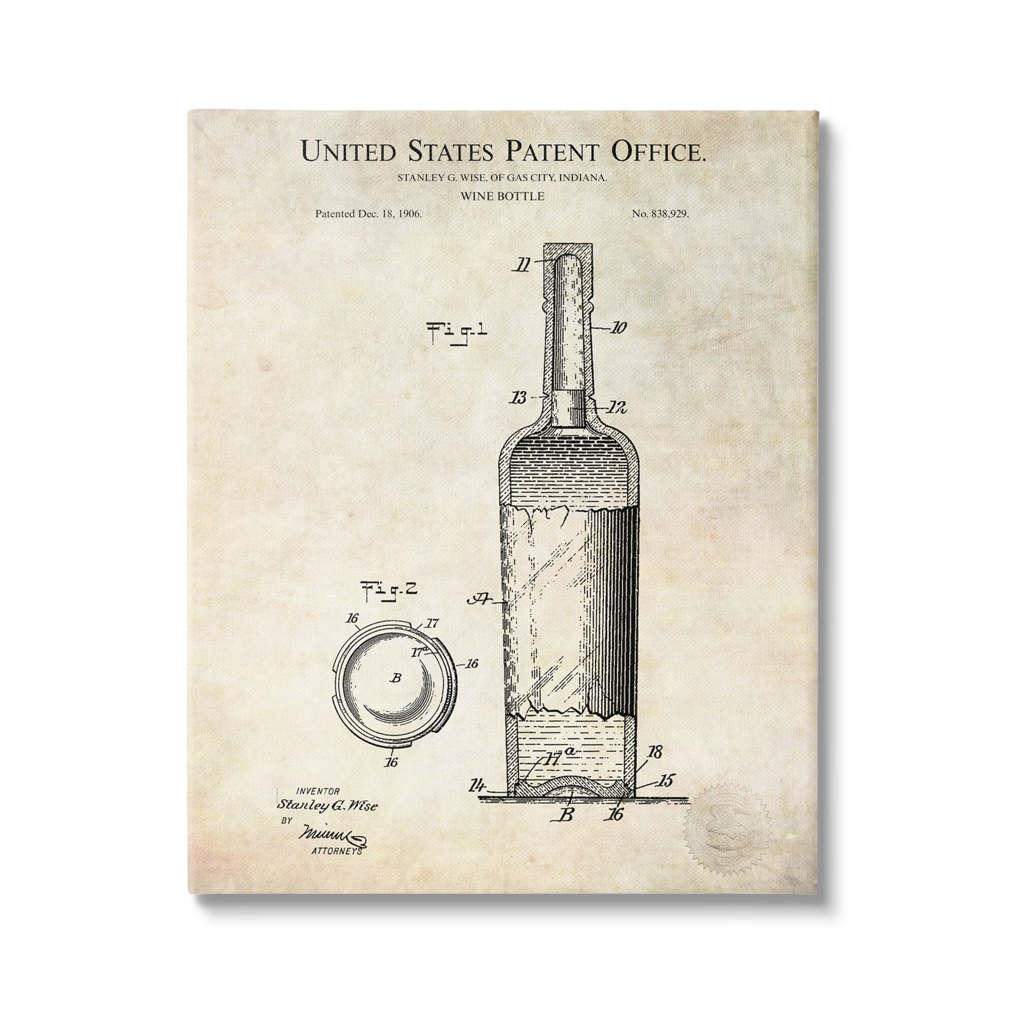 Stupell Industries Patent Text Detailed Wine Bottle Diagram Drawing Canvas Wall Art, 16 x 20, Design by Karl Hronek