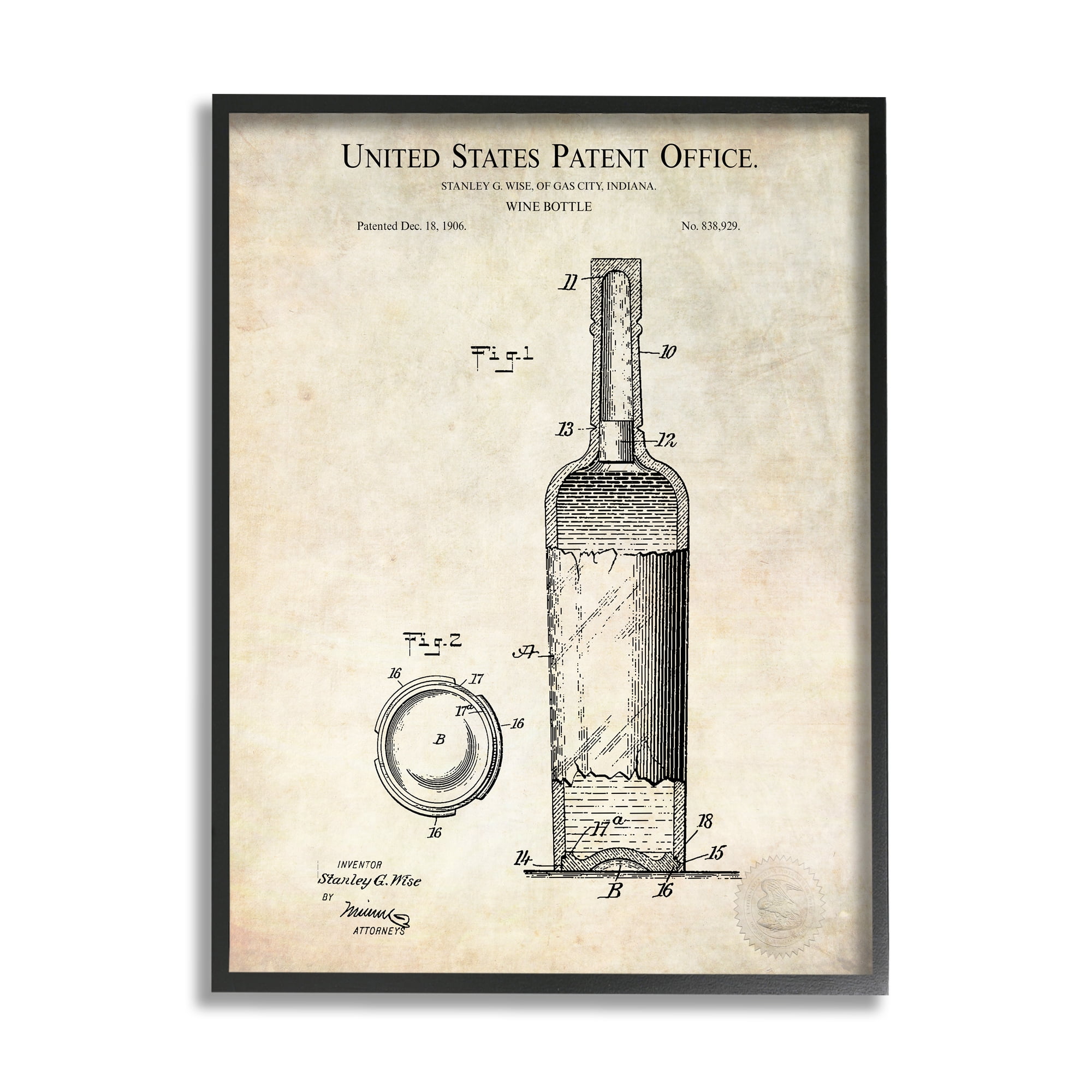 Stupell Industries Patent Text Detailed Wine Bottle Diagram Drawing Framed Wall Art, 16 x 20, Design by Karl Hronek