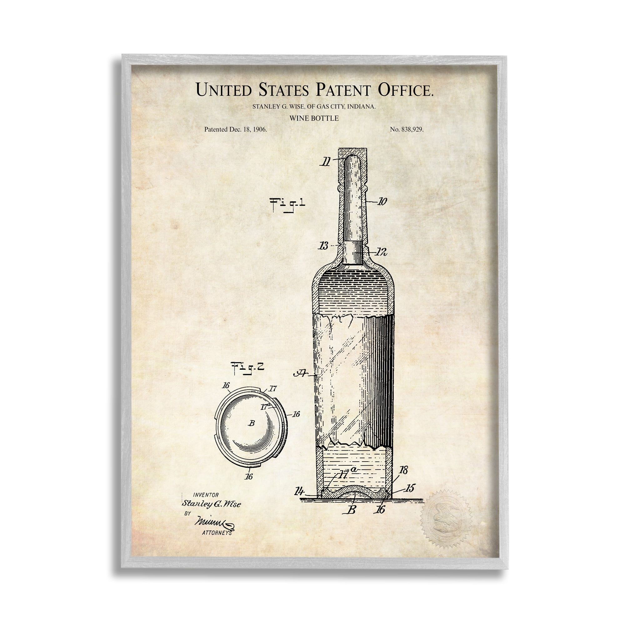 Stupell Industries Patent Text Detailed Wine Bottle Diagram Drawing Framed Wall Art, 16 x 20, Design by Karl Hronek