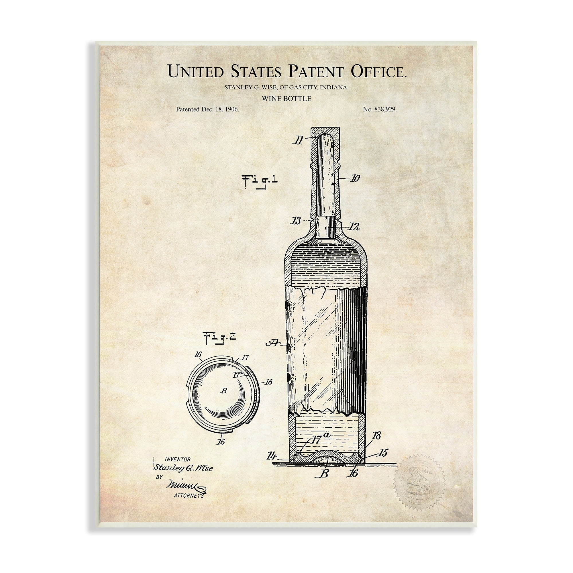 Stupell Industries Patent Text Detailed Wine Bottle Diagram Drawing Wood Wall Art, 10 x 15, Design by Karl Hronek