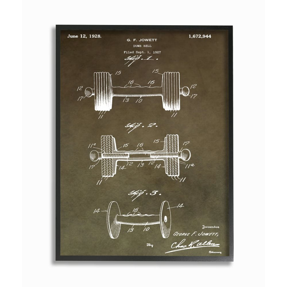 Stupell Industries Patent Vintage Barbell Brown Texture Design Framed Giclee Texturized Art by Daniel Sproul