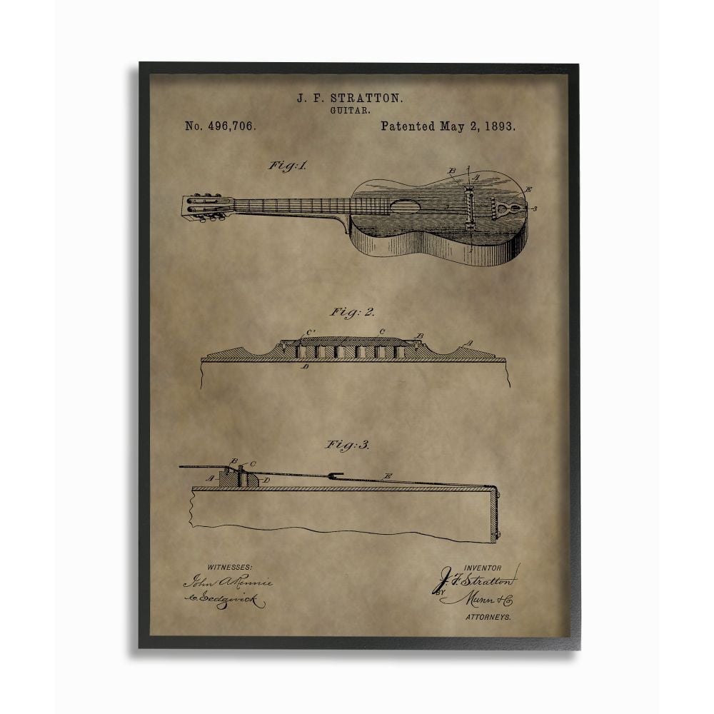 Stupell Industries Patent Vintage Guitar Brown Texture Design Framed Giclee Texturized Art by Daniel Sproul