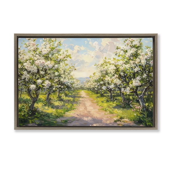 Stupell Industries Path Through Flowering Trees Landscape & Nature Painting Brown Floater Framed Canvas Art Print Wall Art, 31 x 21