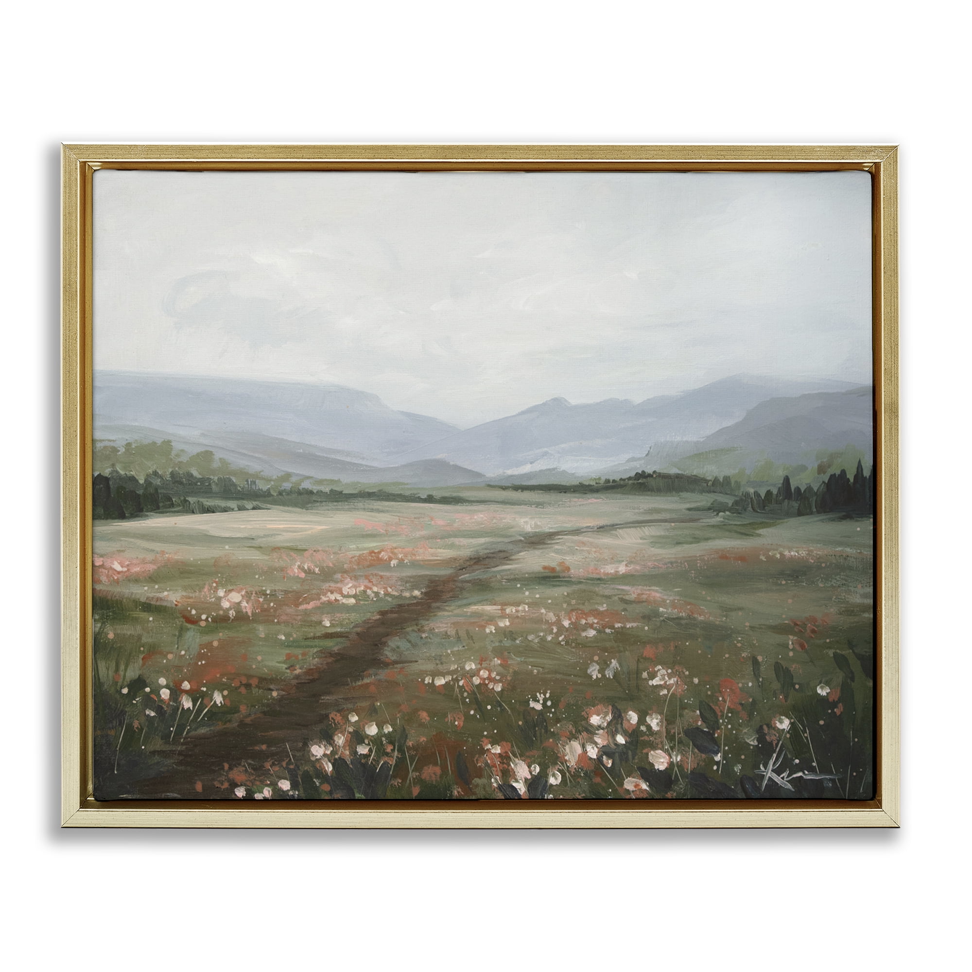Stupell Industries Path Through Rolling Meadow Landscape & Nature Painting Gold Floater Framed Canvas Art Print Wall Art, 31 x 25