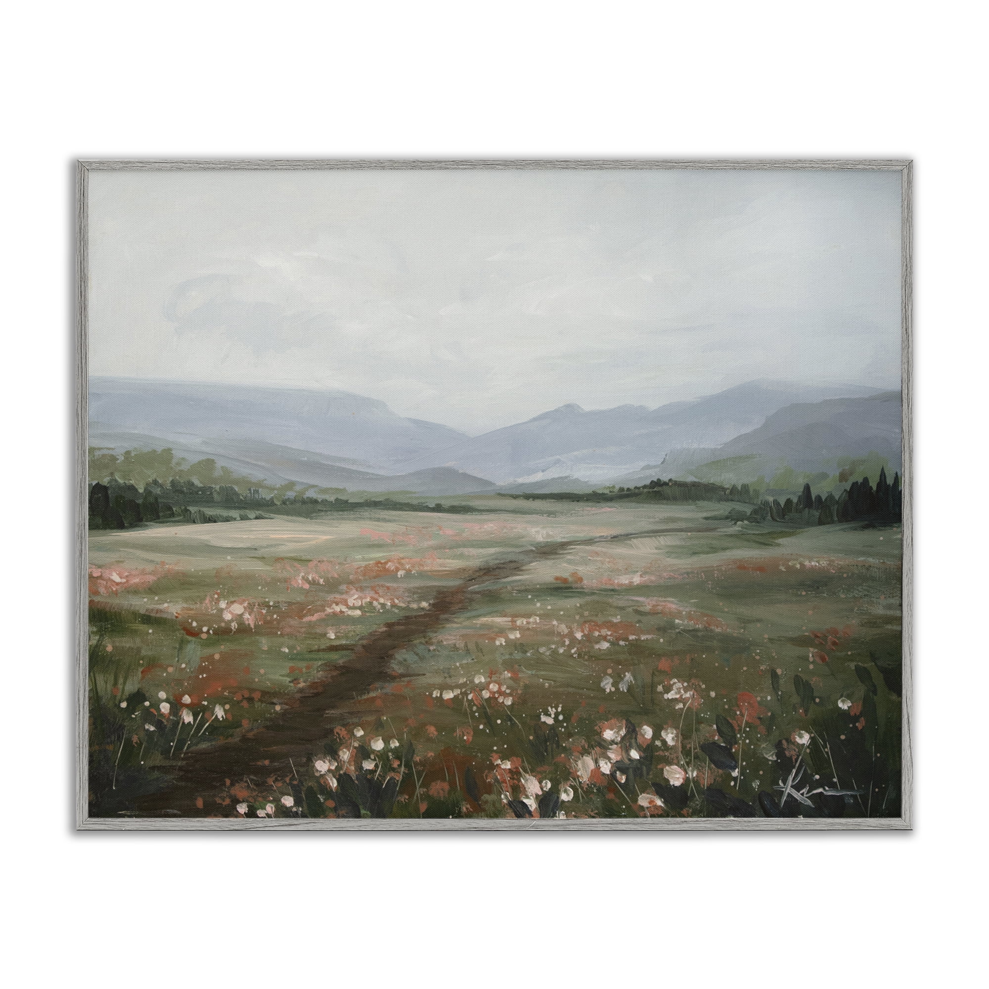 Stupell Industries Path Through Rolling Meadow Landscape & Nature Painting Gray Framed Art Print Wall Art, 20 x 16