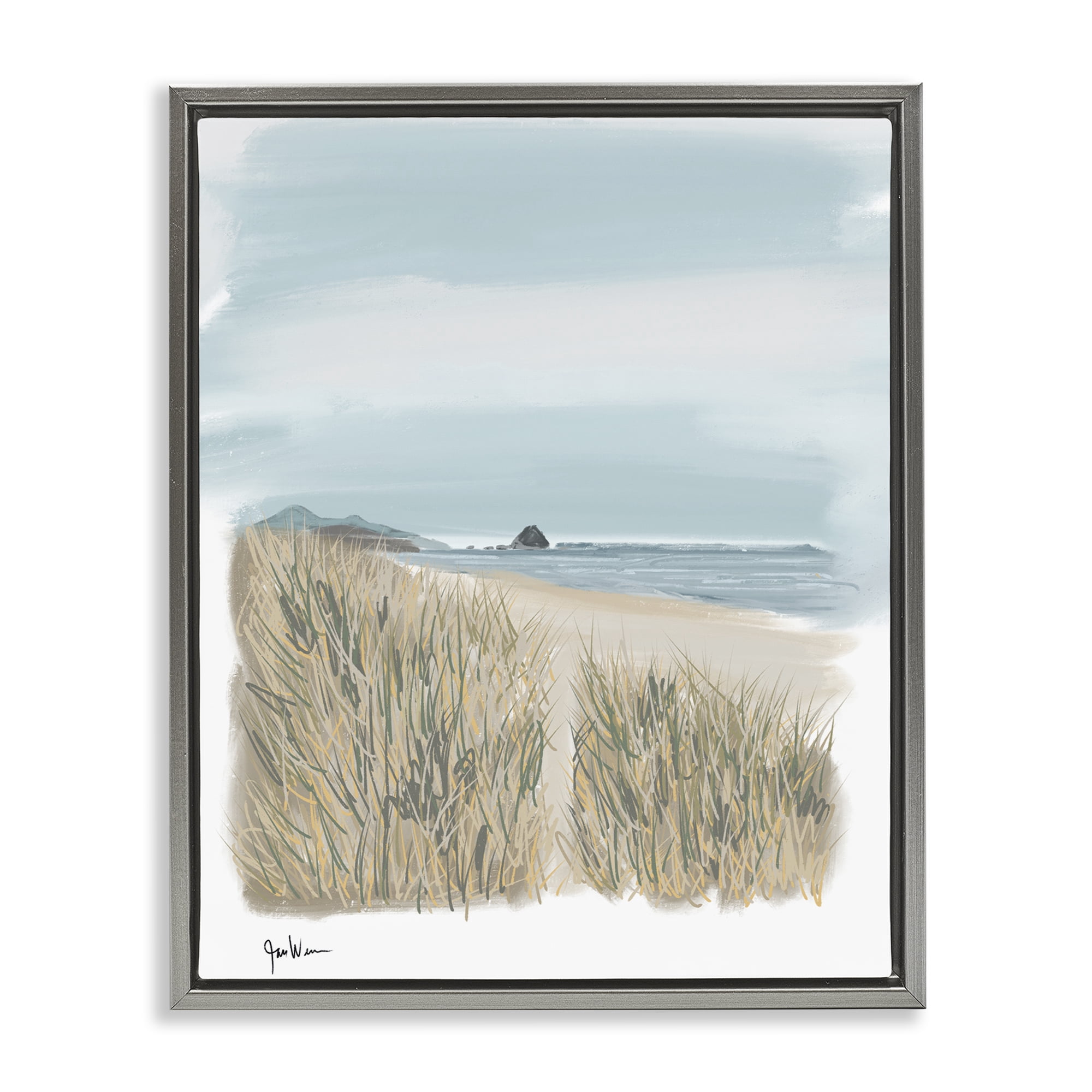 Stupell Industries Path To Calm Beach Landscape & Nature Painting Gray Floater Framed Canvas Art Print Wall Art, 17 x 21