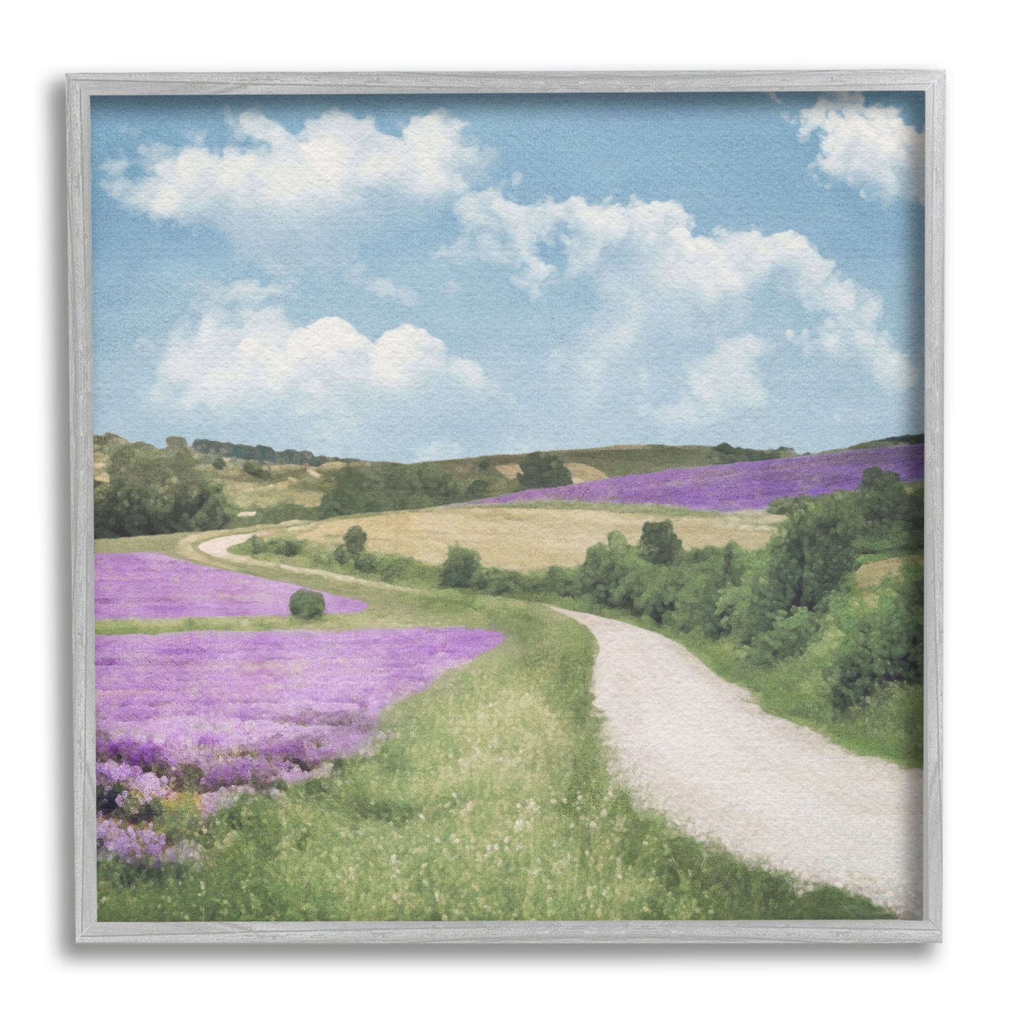 Stupell Industries Path in Lavender Field Nature Painting Gray Framed Art Print Wall Art, 24 x 24