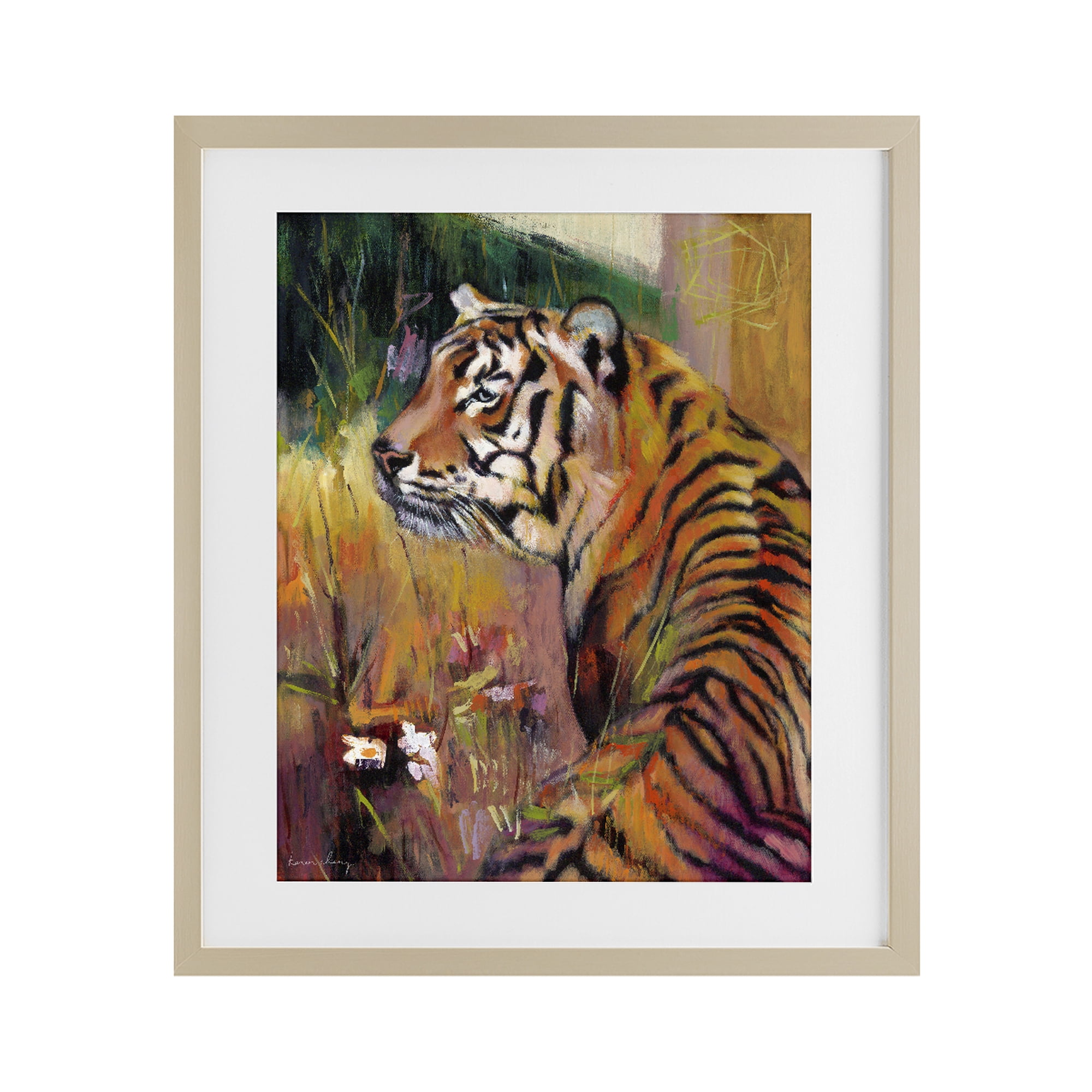 Stupell Industries Patience Tiger in Wait Birch Framed Print Under Glass, design by Karen Chang