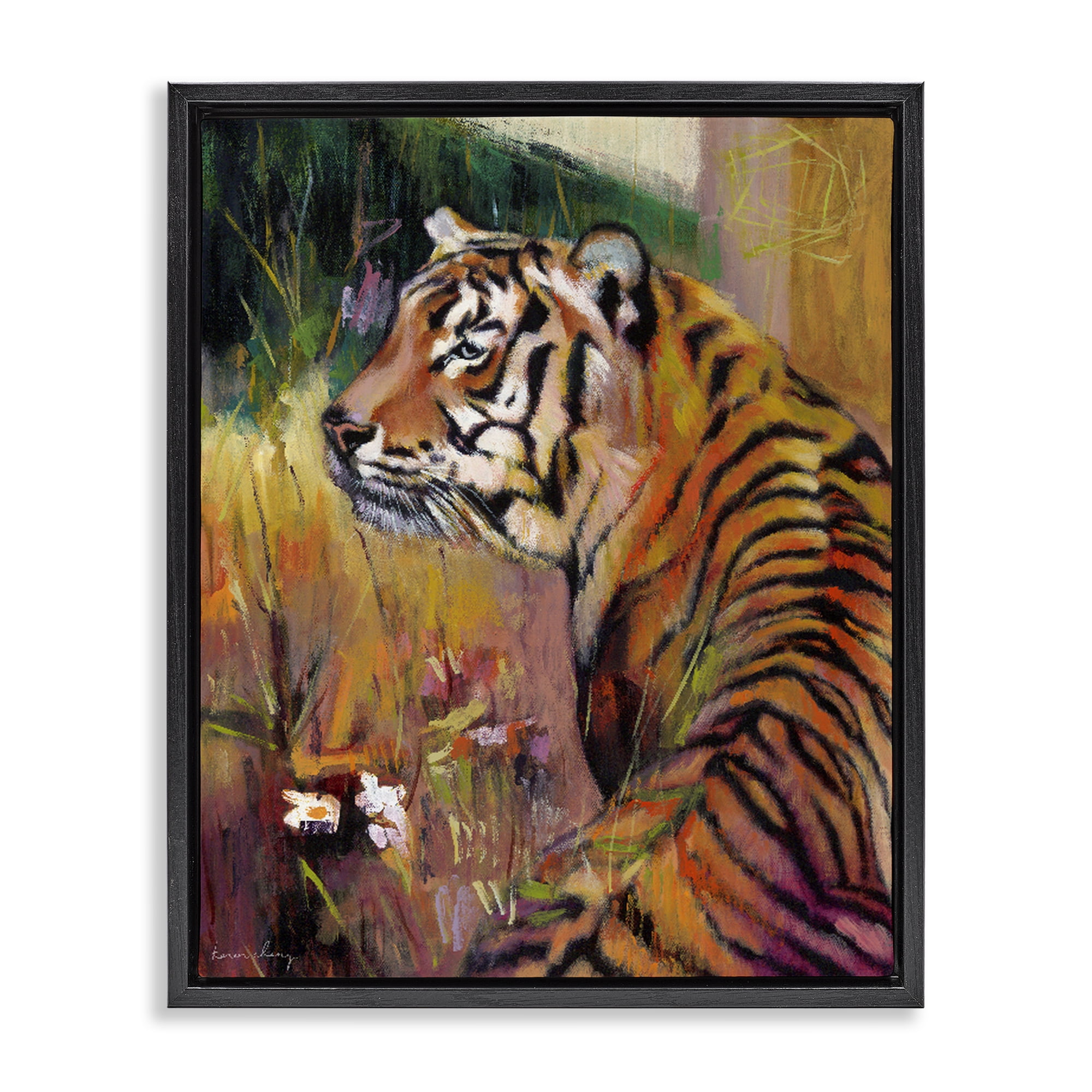Stupell Industries Patience Tiger in Wait Black Framed Floater Canvas Wall Art, design by Karen Chang