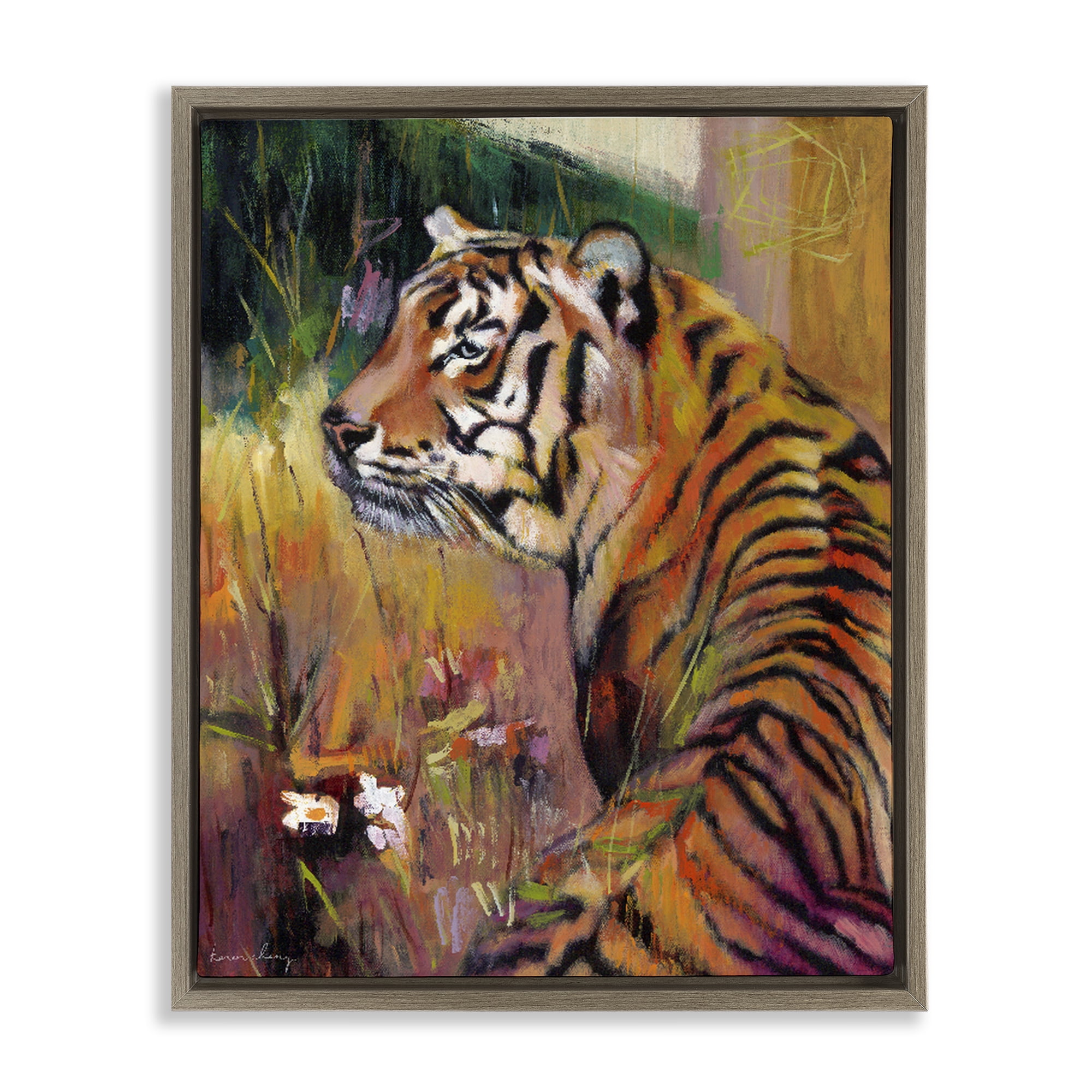 Stupell Industries Patience Tiger in Wait Brown Framed Floater Canvas Wall Art, design by Karen Chang