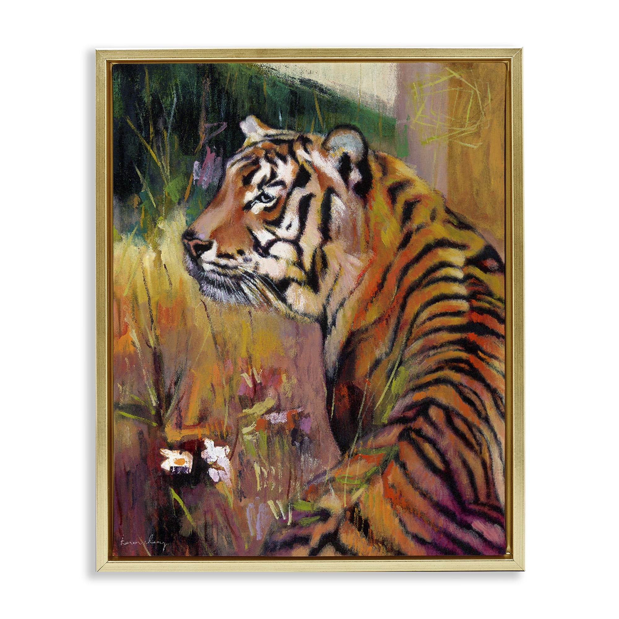 Stupell Industries Patience Tiger in Wait Gold Framed Floater Canvas Wall Art, design by Karen Chang