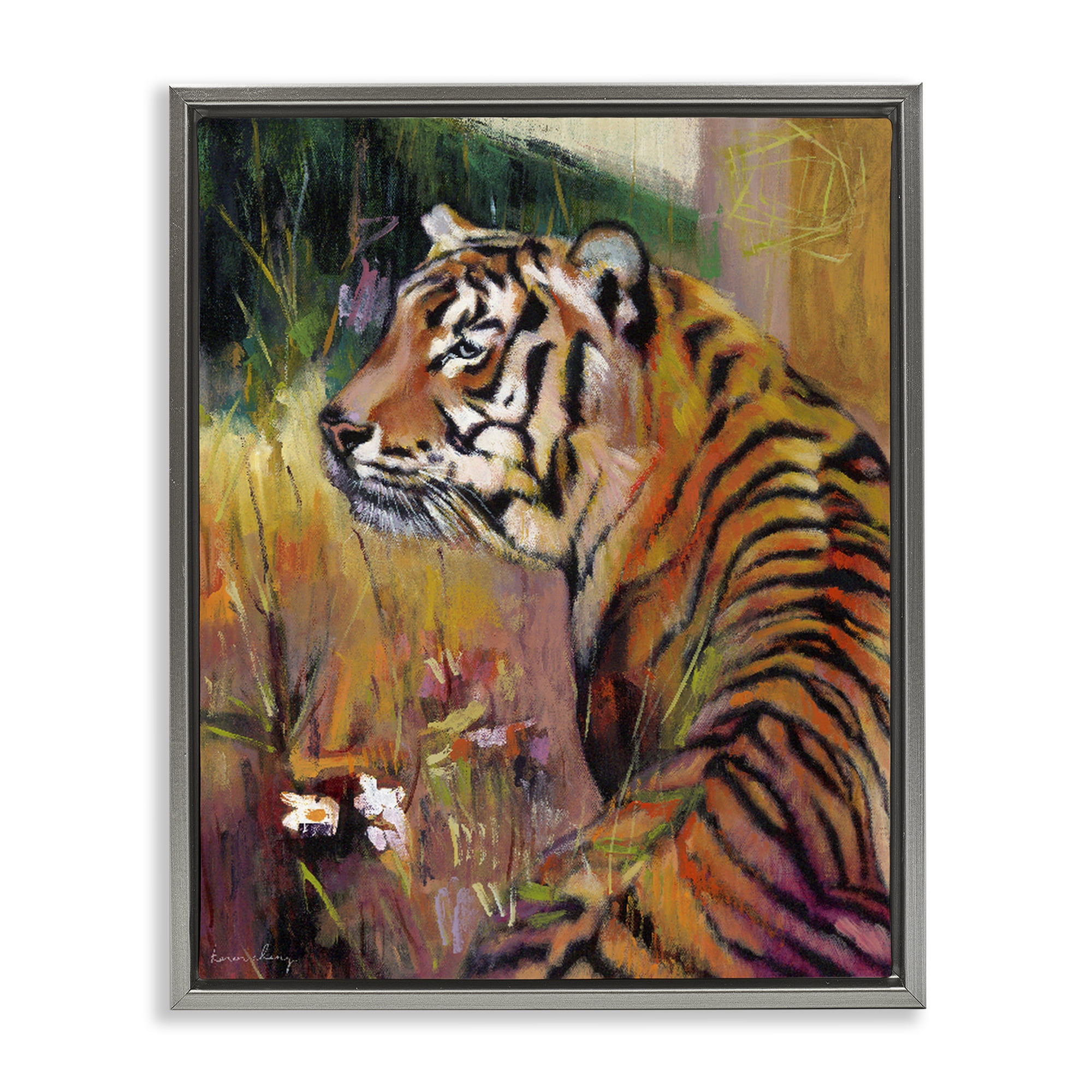 Stupell Industries Patience Tiger in Wait Gray Framed Floater Canvas Wall Art, design by Karen Chang