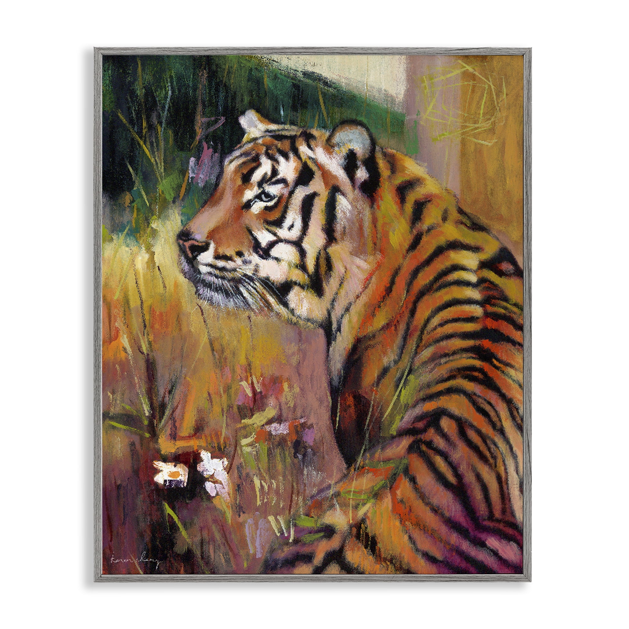 Stupell Industries Patience Tiger in Wait Gray Framed Giclee Art, design by Karen Chang