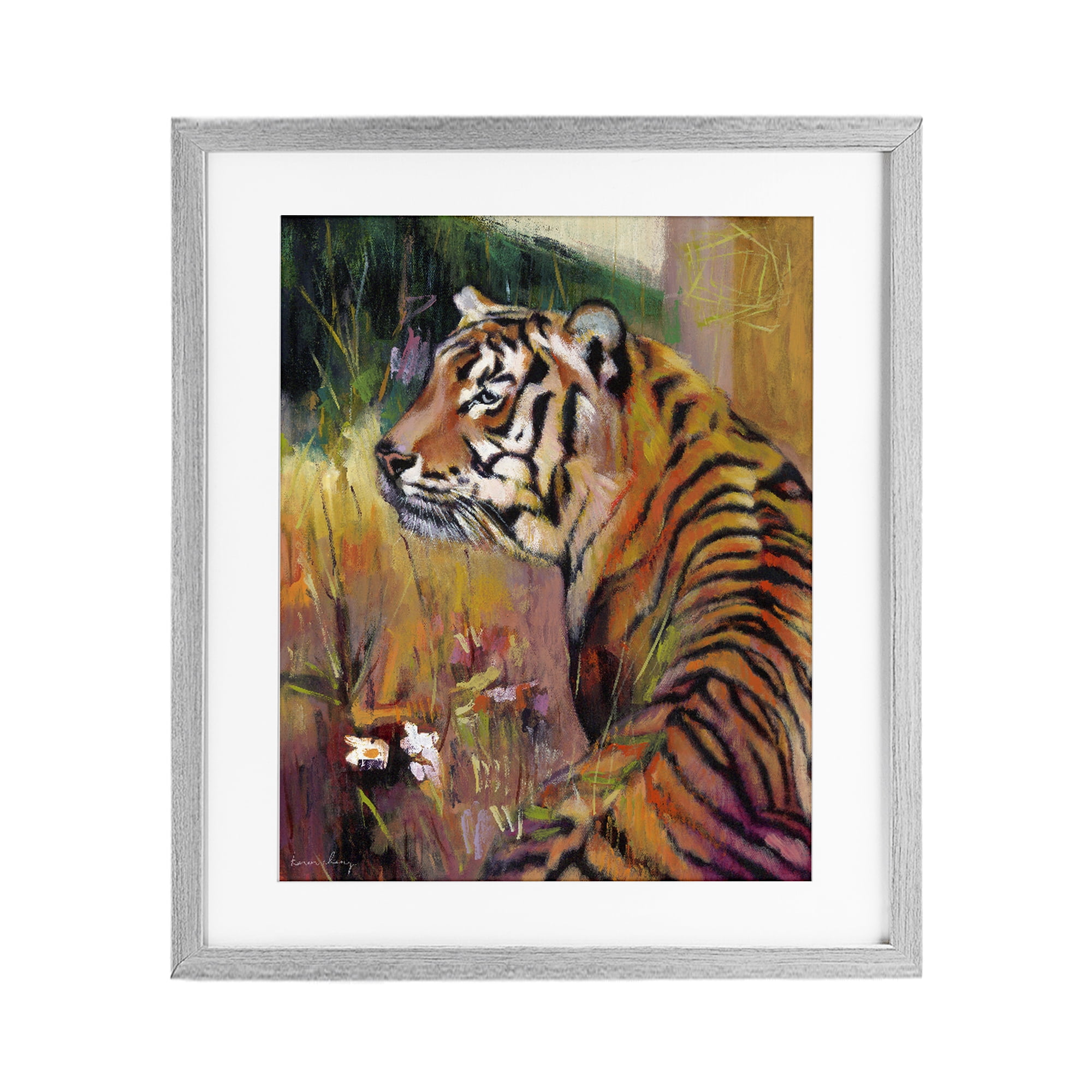 Stupell Industries Patience Tiger in Wait Gray Framed Print Under Glass, design by Karen Chang