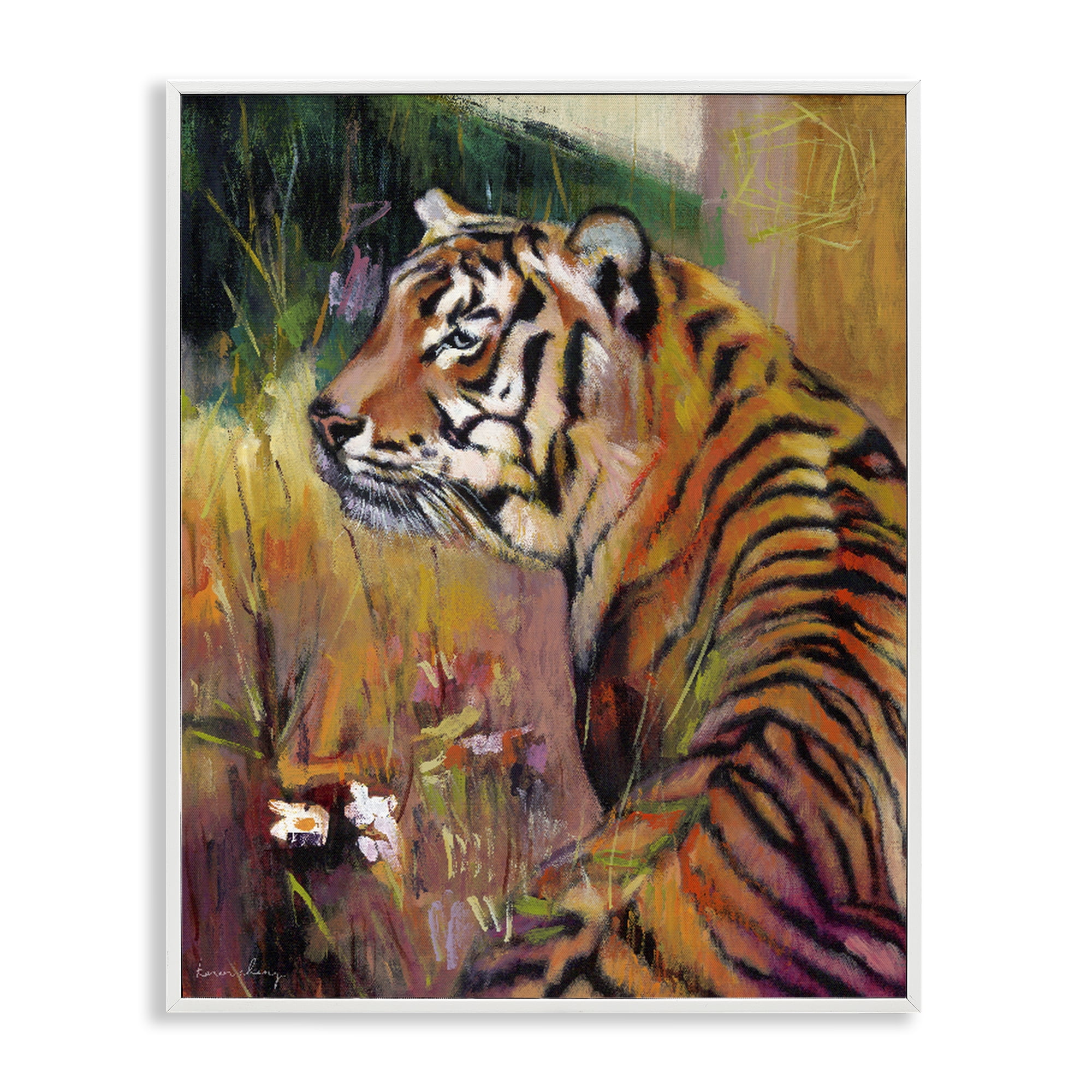 Stupell Industries Patience Tiger in Wait White Framed Giclee Art, design by Karen Chang