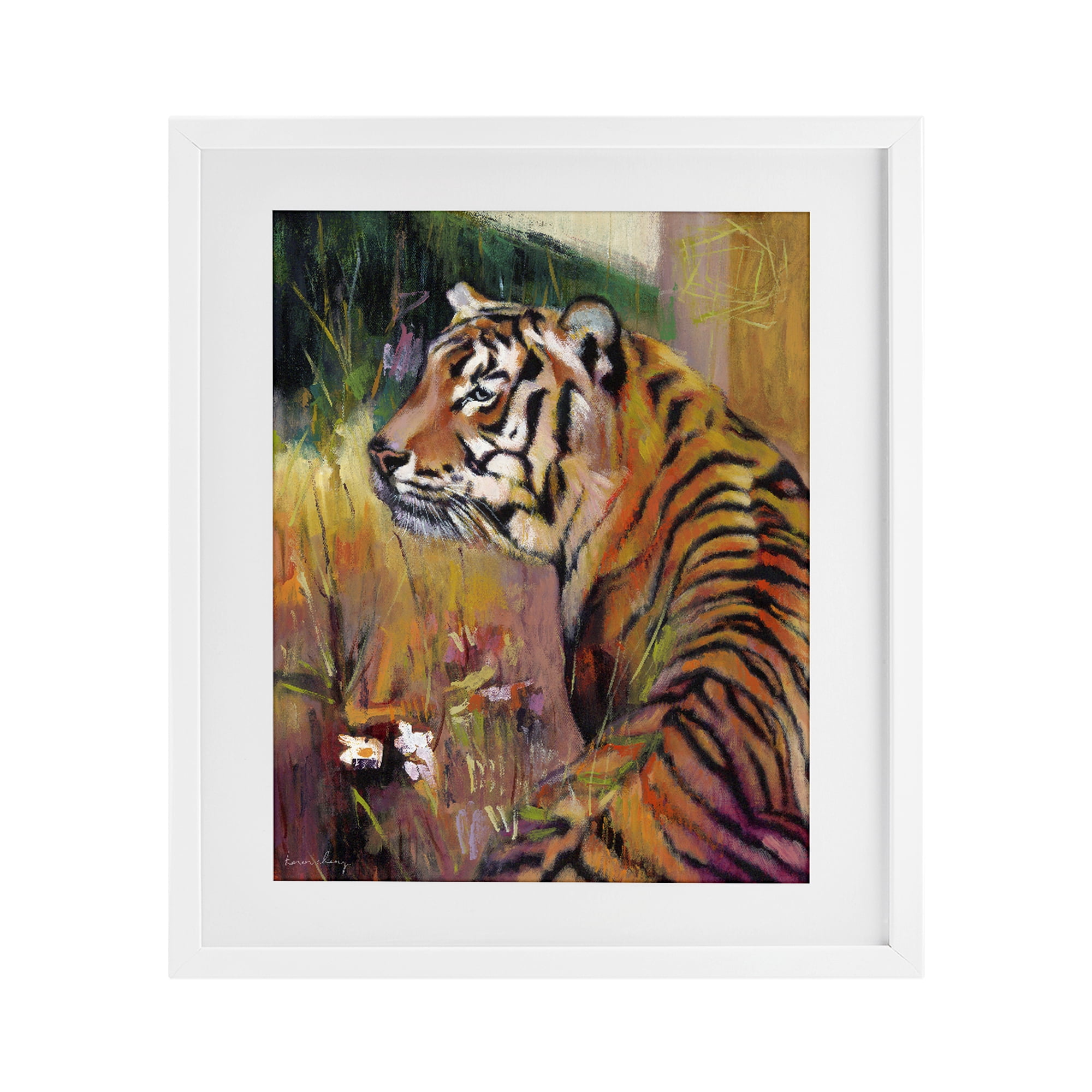 Stupell Industries Patience Tiger in Wait White Framed Print Under Glass, design by Karen Chang
