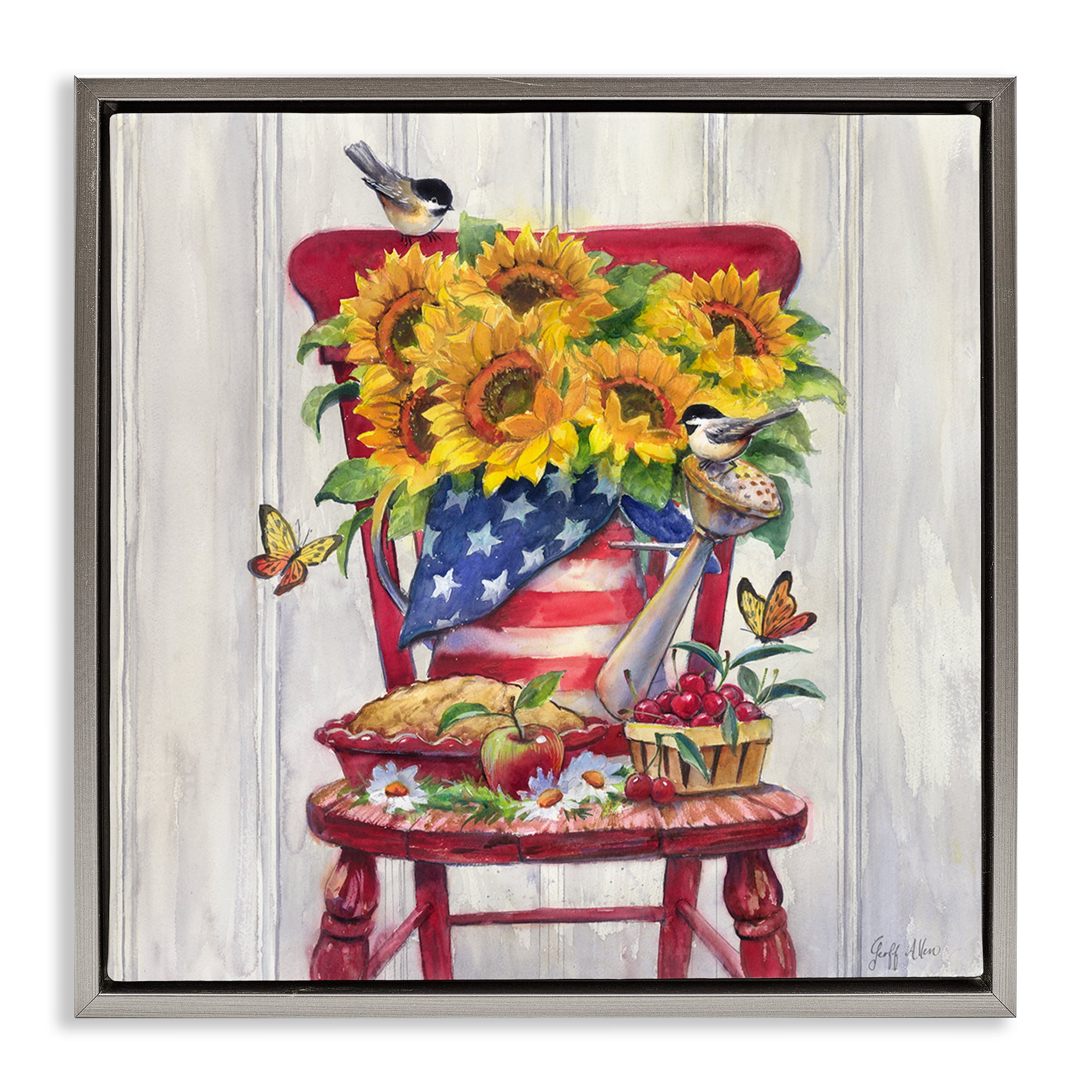 Stupell Industries Patriot Porch Still Life Patriotic Painting Gray Floater Framed Canvas Art Print Wall Art, 18 x 18
