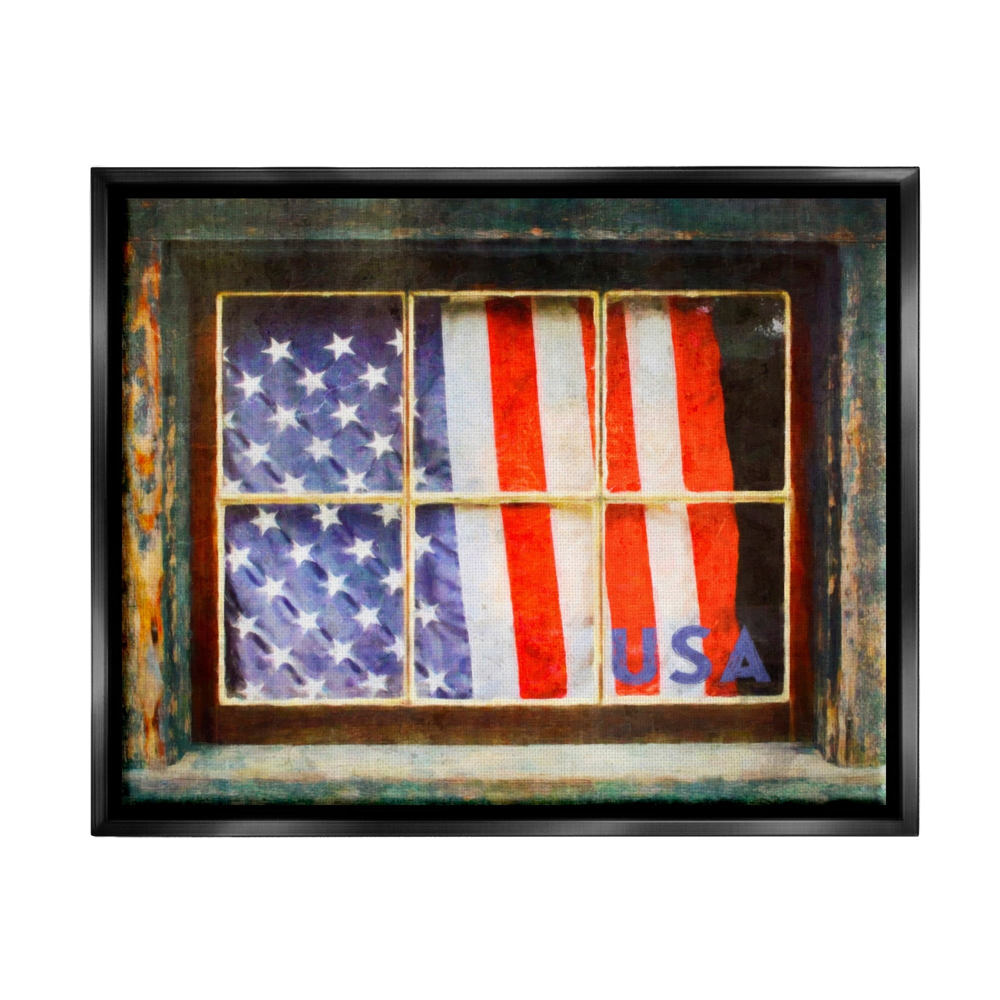 Stupell Industries Patriotic American Flag Rustic Window Festive Home Painting Jet Black Floating Framed Canvas Print Wall Art, Design by Graffitee Studios