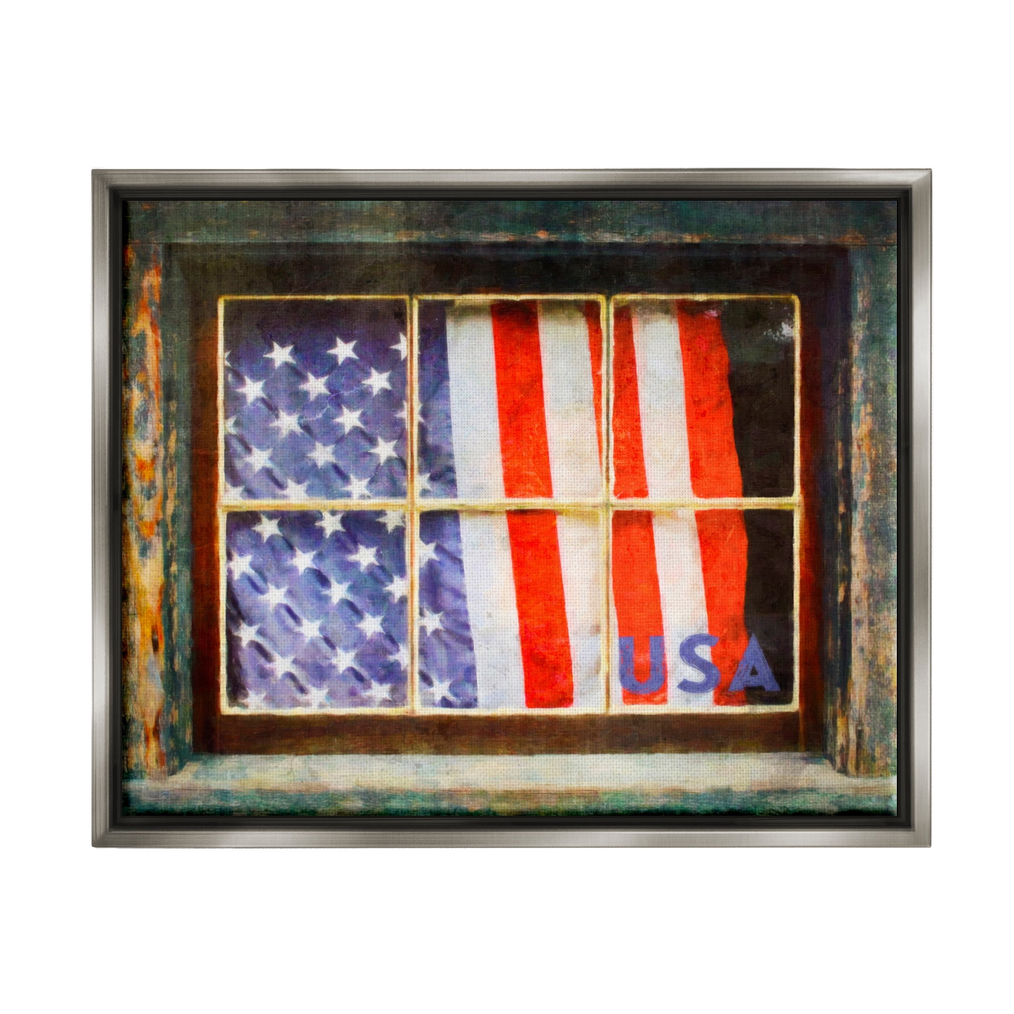 Stupell Industries Patriotic American Flag Rustic Window Festive Home Painting Luster Gray Floating Framed Canvas Print Wall Art, Design by Graffitee Studios