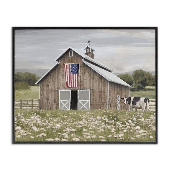 Stupell Industries Patriotic Barn & Cow Landscape & Nature Painting Black Framed Art Print Wall Art, 14 x 11
