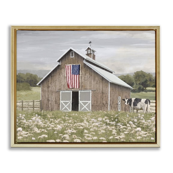 Stupell Industries Patriotic Barn & Cow Landscape & Nature Painting Gold Floater Framed Canvas Art Print Wall Art, 21 x 17
