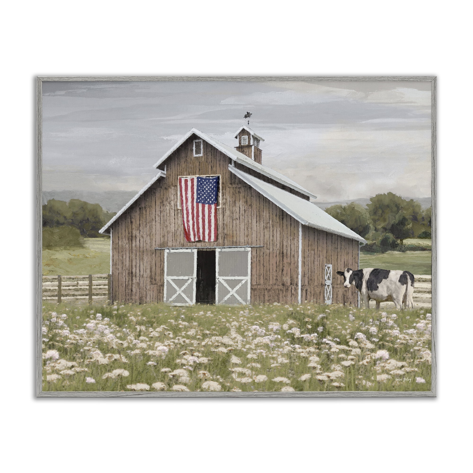 Stupell Industries Patriotic Barn & Cow Landscape & Nature Painting Gray Framed Art Print Wall Art, 14 x 11