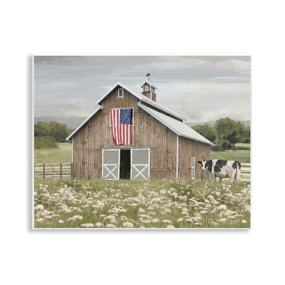 Stupell Industries Patriotic Barn & Cow Landscape & Nature Painting Unframed Art Print Wall Art, 14 x 11