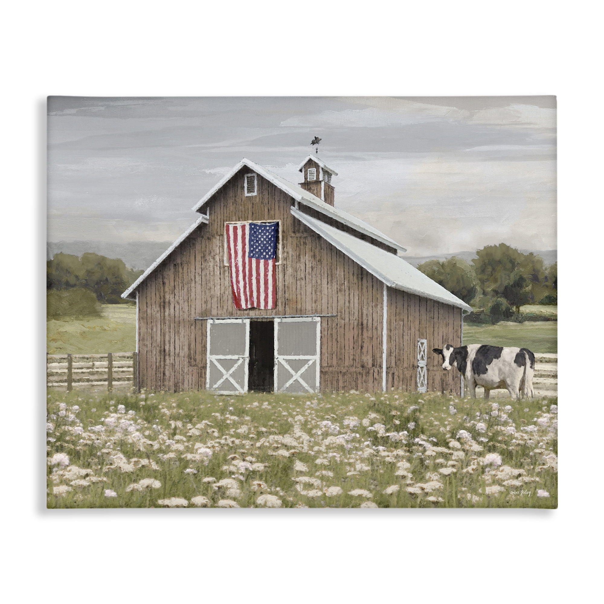 Stupell Industries Patriotic Barn & Cow Landscape & Nature Painting Wrapped Canvas Art Print Wall Art, 20 x 16