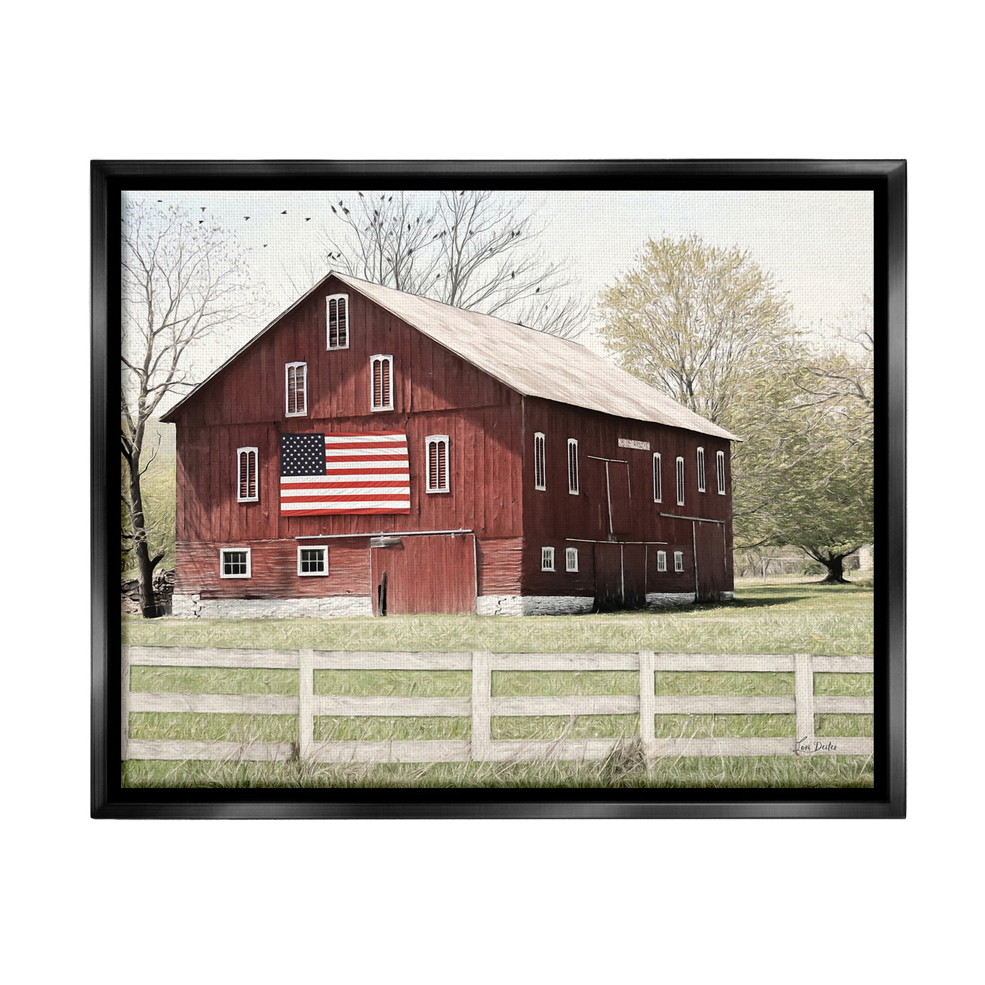 Stupell Industries Patriotic Barn Flag Landscape Painting Black Floater Framed Canvas Art Print Wall Art, 21 x 17