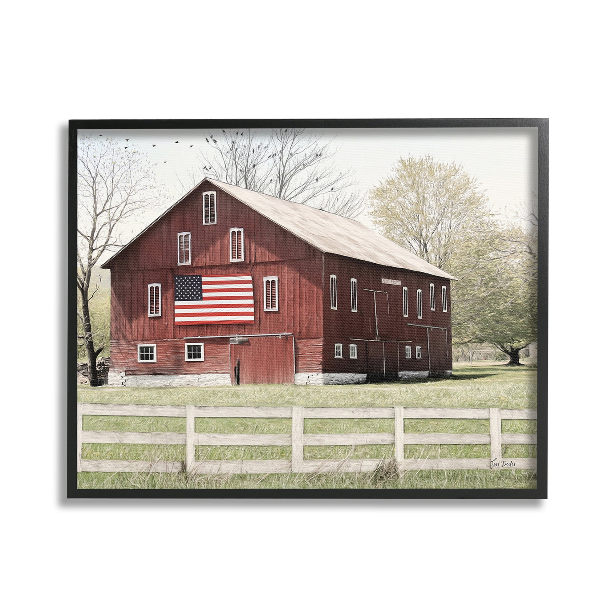 Stupell Industries Patriotic Barn Flag Landscape Painting Black Framed Art Print Wall Art, 20 x 16