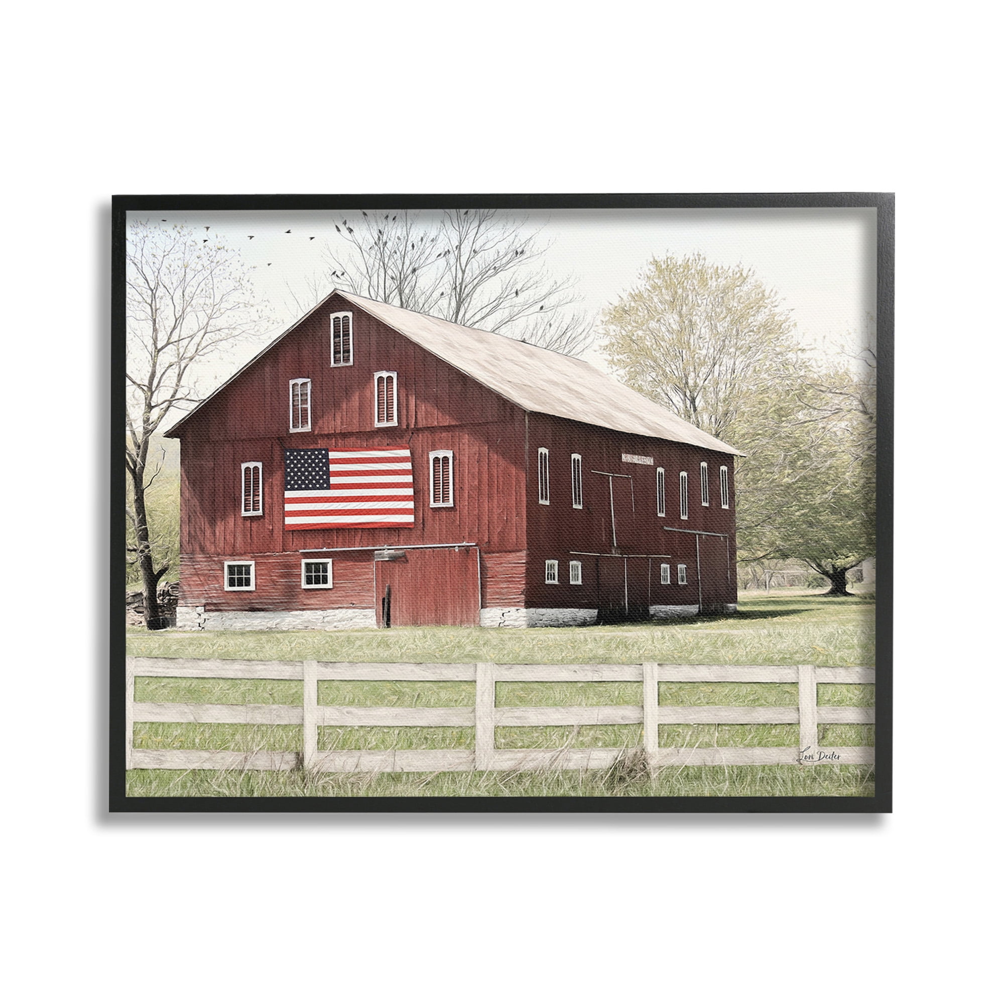Stupell Industries Patriotic Barn Flag Landscape Painting Black Framed Art Print Wall Art, 30 x 24