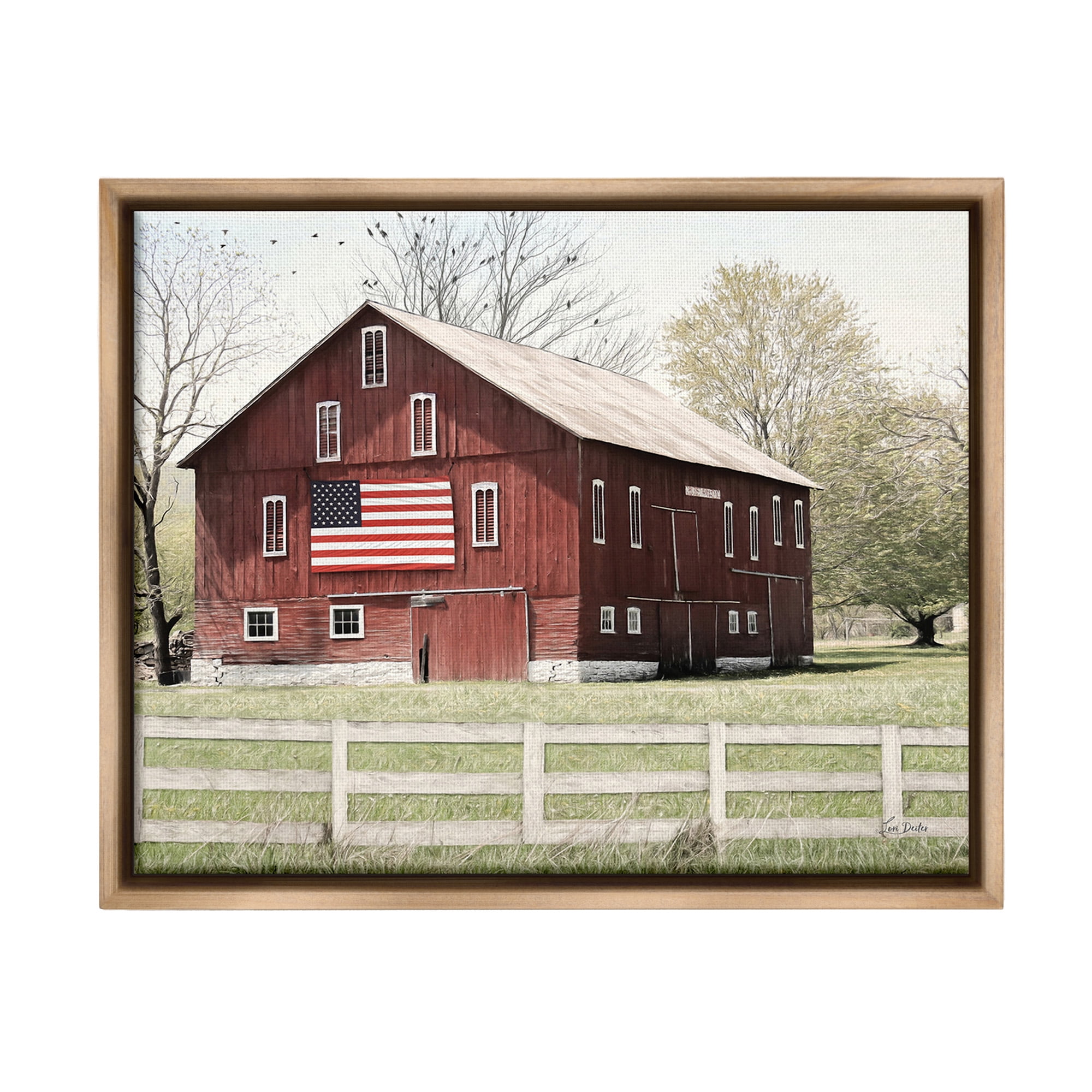Stupell Industries Patriotic Barn Flag Landscape Painting Brown Floater Framed Canvas Art Print Wall Art, 31 x 25