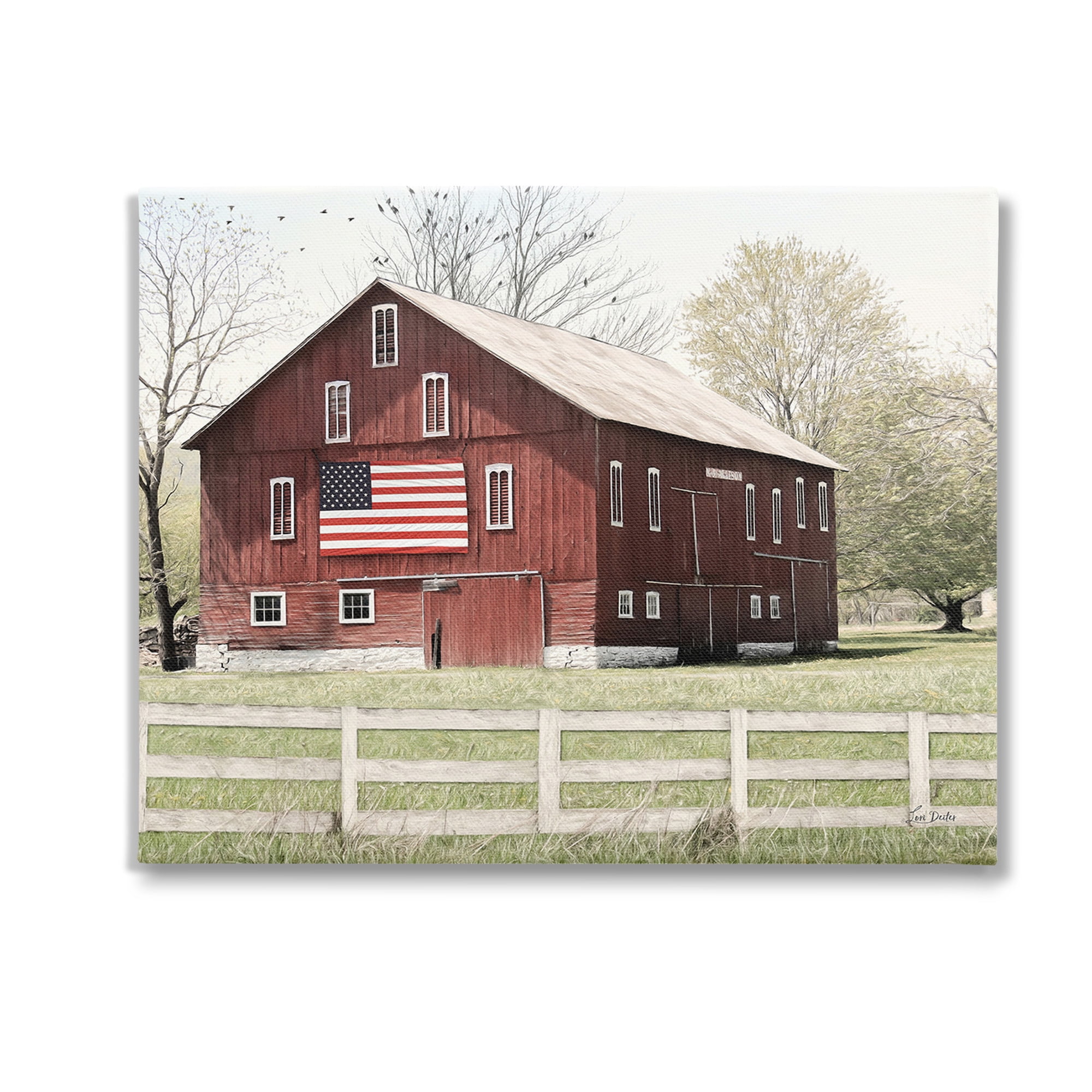 Stupell Industries Patriotic Barn Flag Landscape Painting Gallery Wrapped Canvas Art Print Wall Art, 20 x 16