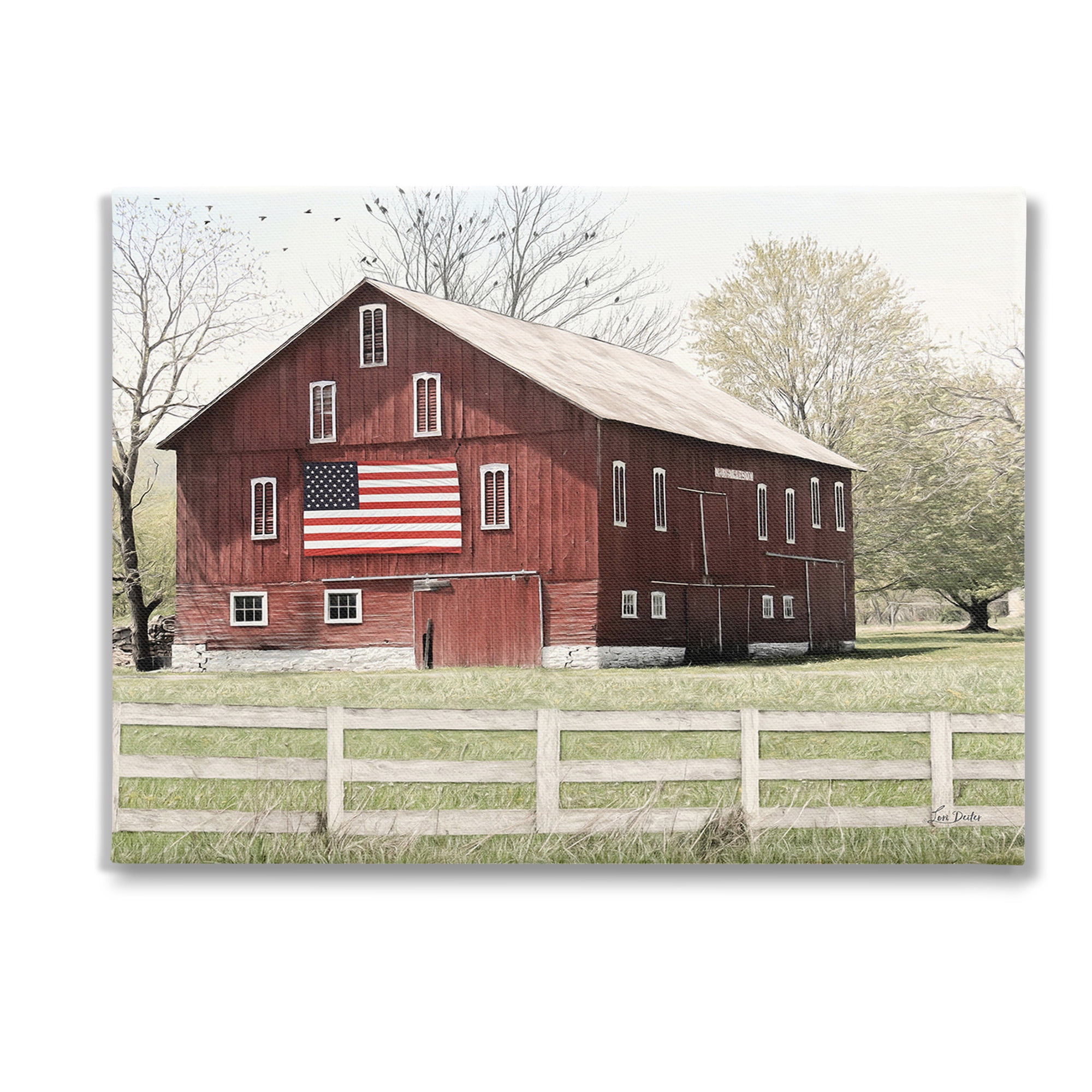 Stupell Industries Patriotic Barn Flag Landscape Painting Gallery Wrapped Canvas Art Print Wall Art, 48 x 36