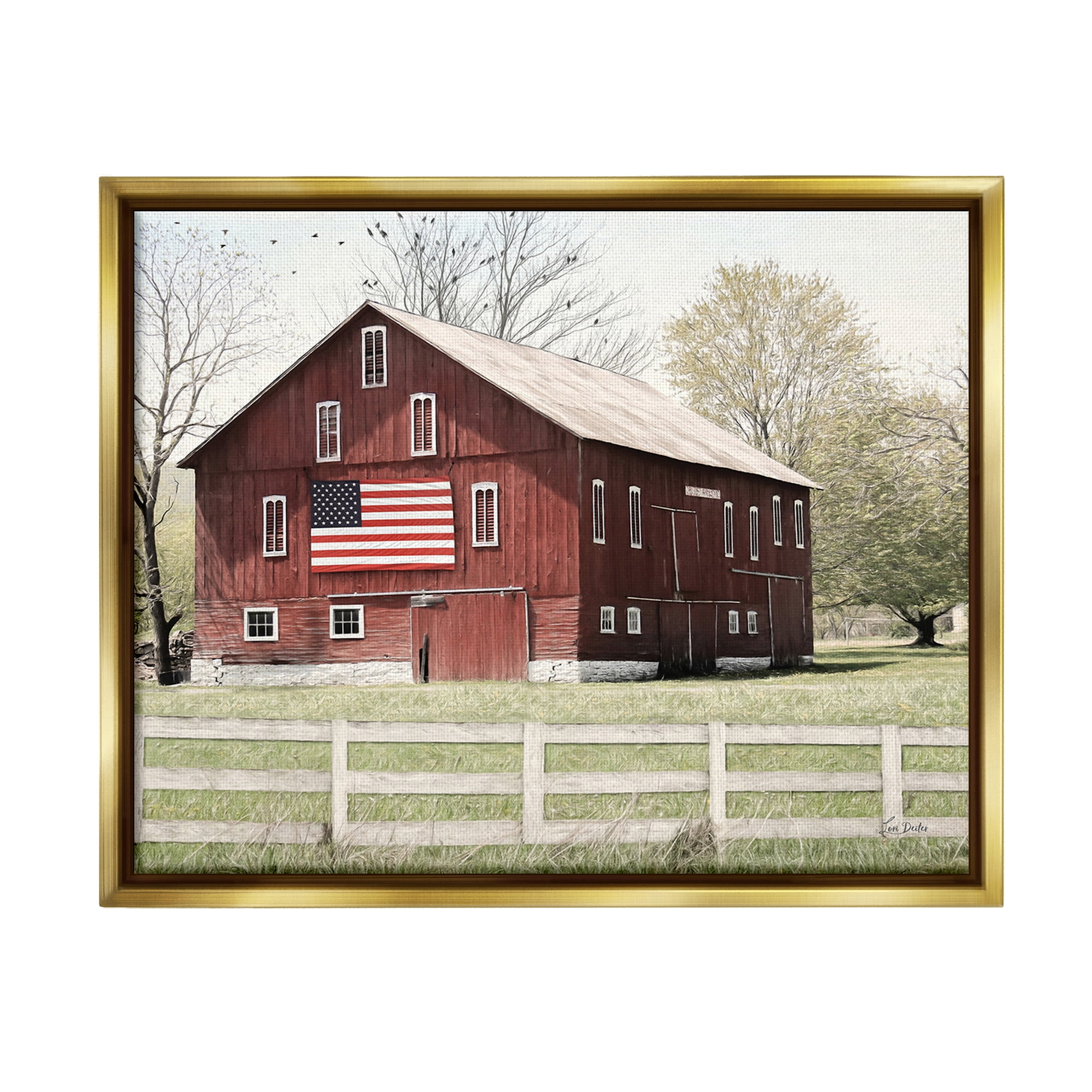 Stupell Industries Patriotic Barn Flag Landscape Painting Gold Floater Framed Canvas Art Print Wall Art, 31 x 25