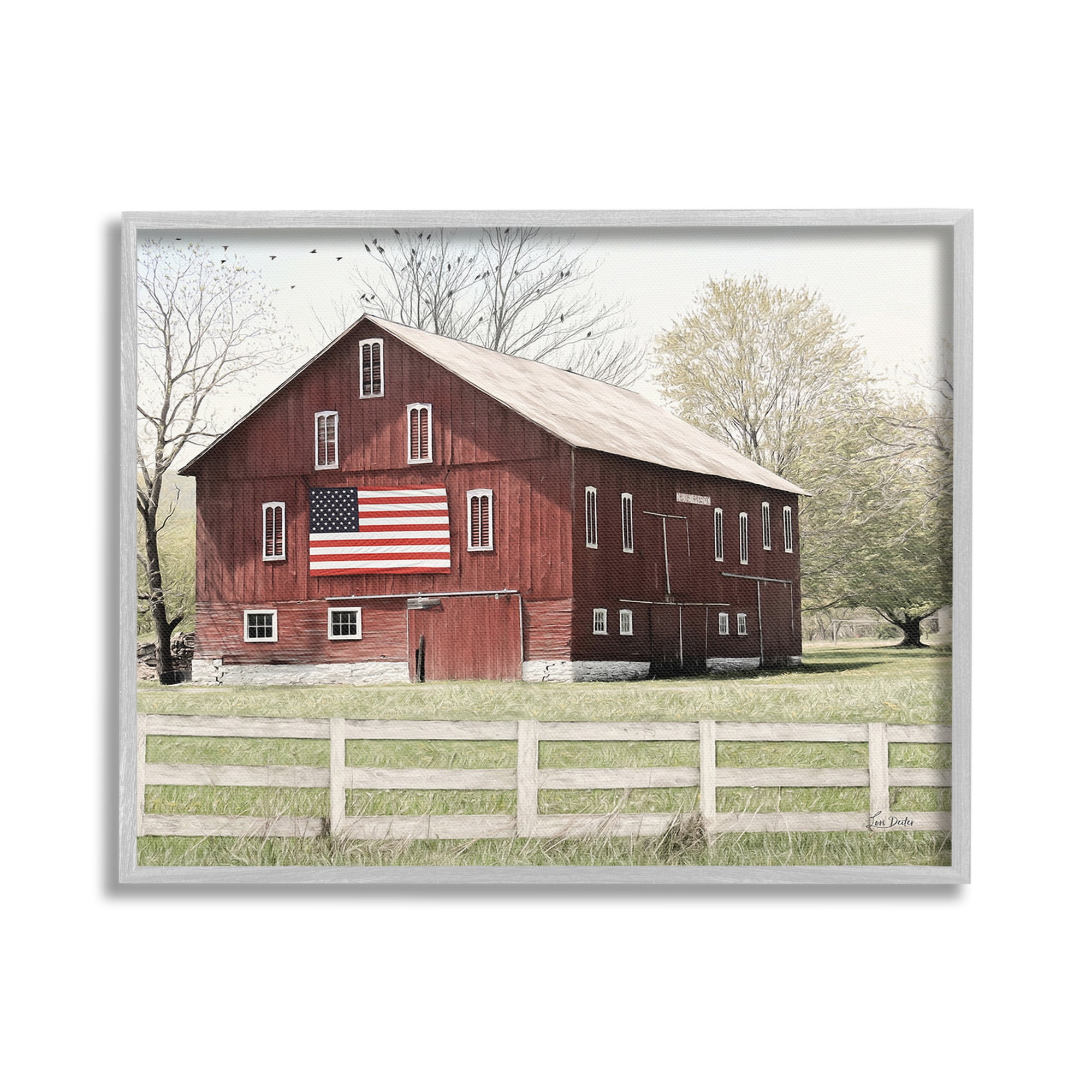 Stupell Industries Patriotic Barn Flag Landscape Painting Gray Framed Art Print Wall Art, 30 x 24
