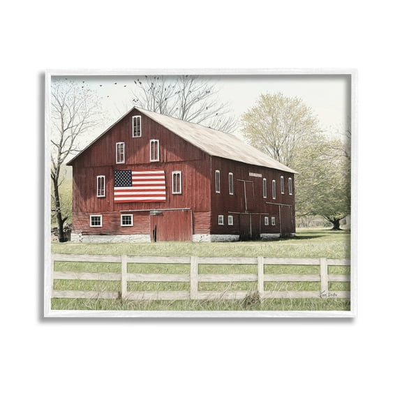 Stupell Industries Patriotic Barn Flag Landscape Painting White Framed Art Print Wall Art, 14 x 11
