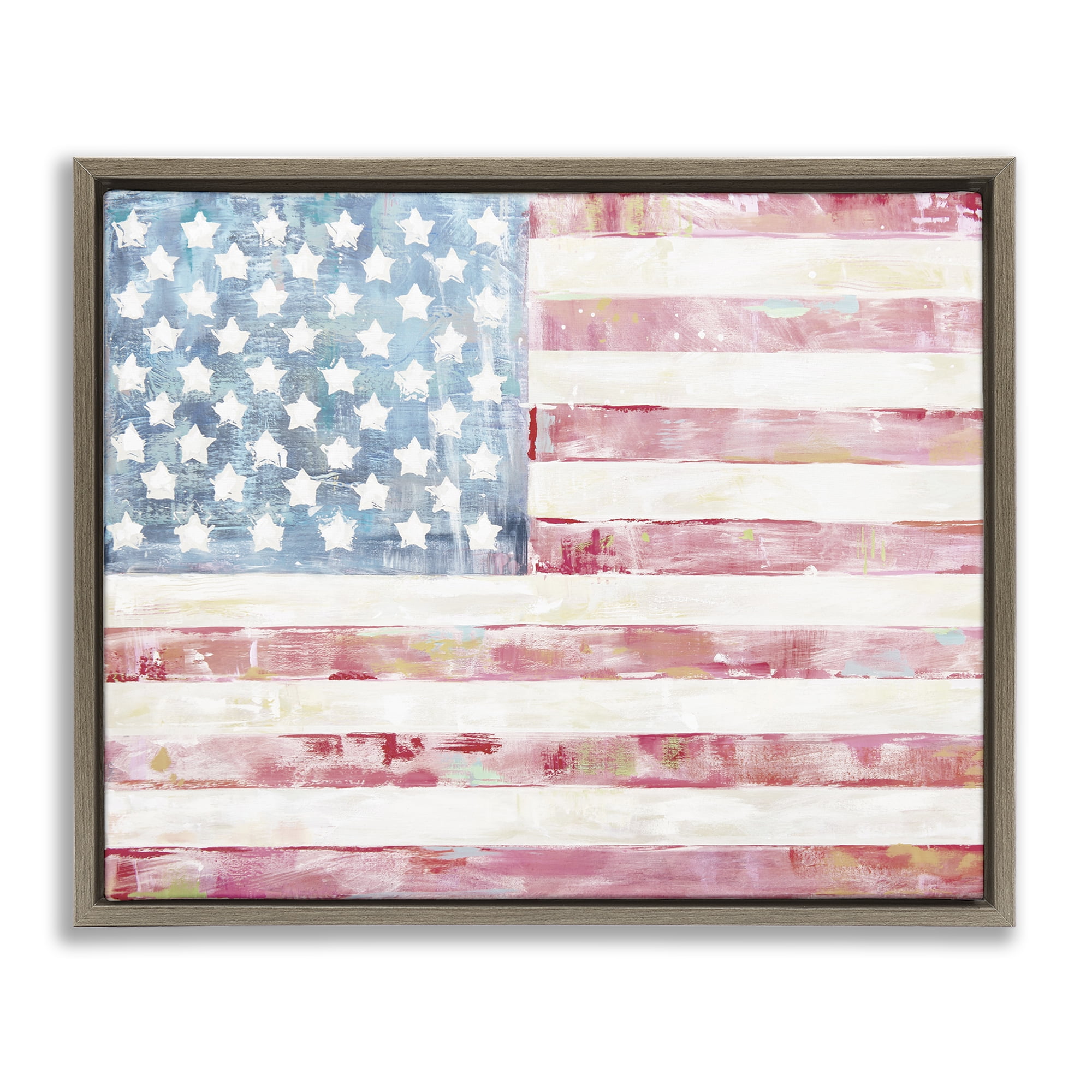 Stupell Industries Patriotic Brushed Flag Town & City Painting Brown Floater Framed Canvas Art Print Wall Art, 21 x 17
