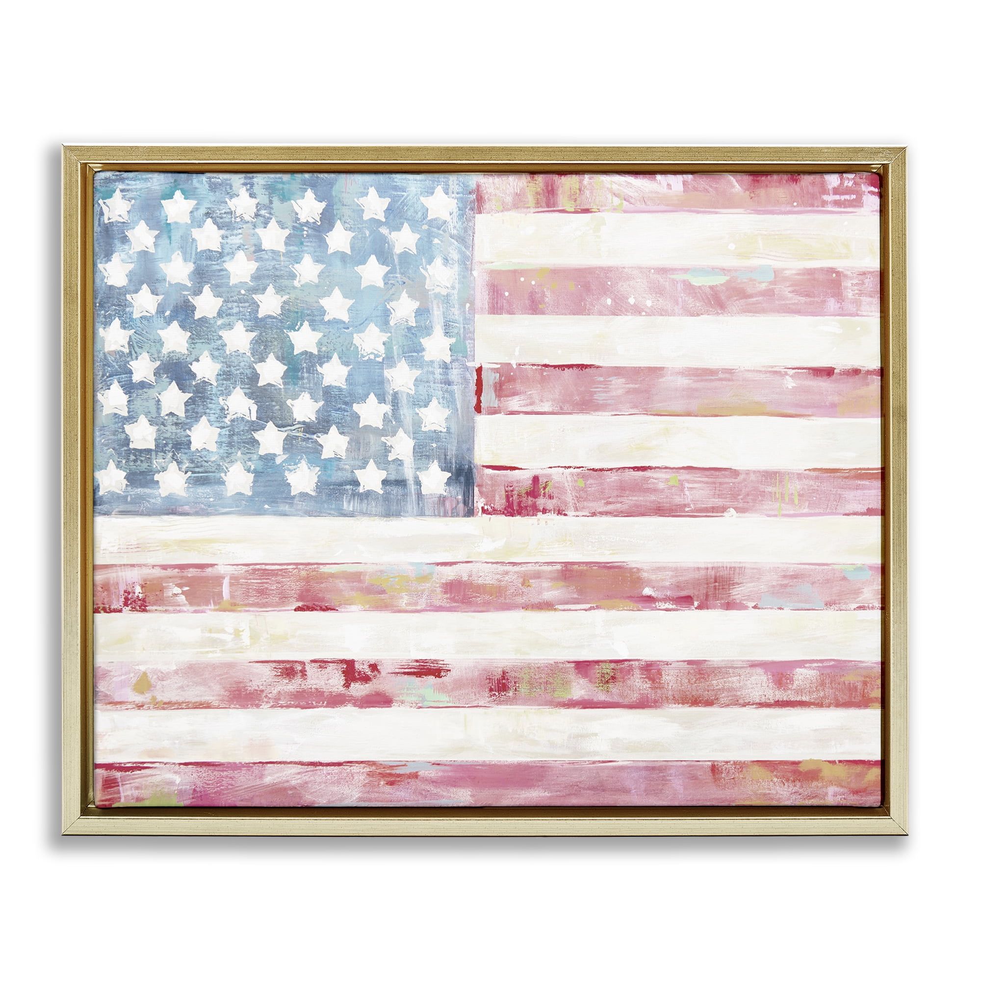 Stupell Industries Patriotic Brushed Flag Town & City Painting Gold Floater Framed Canvas Art Print Wall Art, 21 x 17